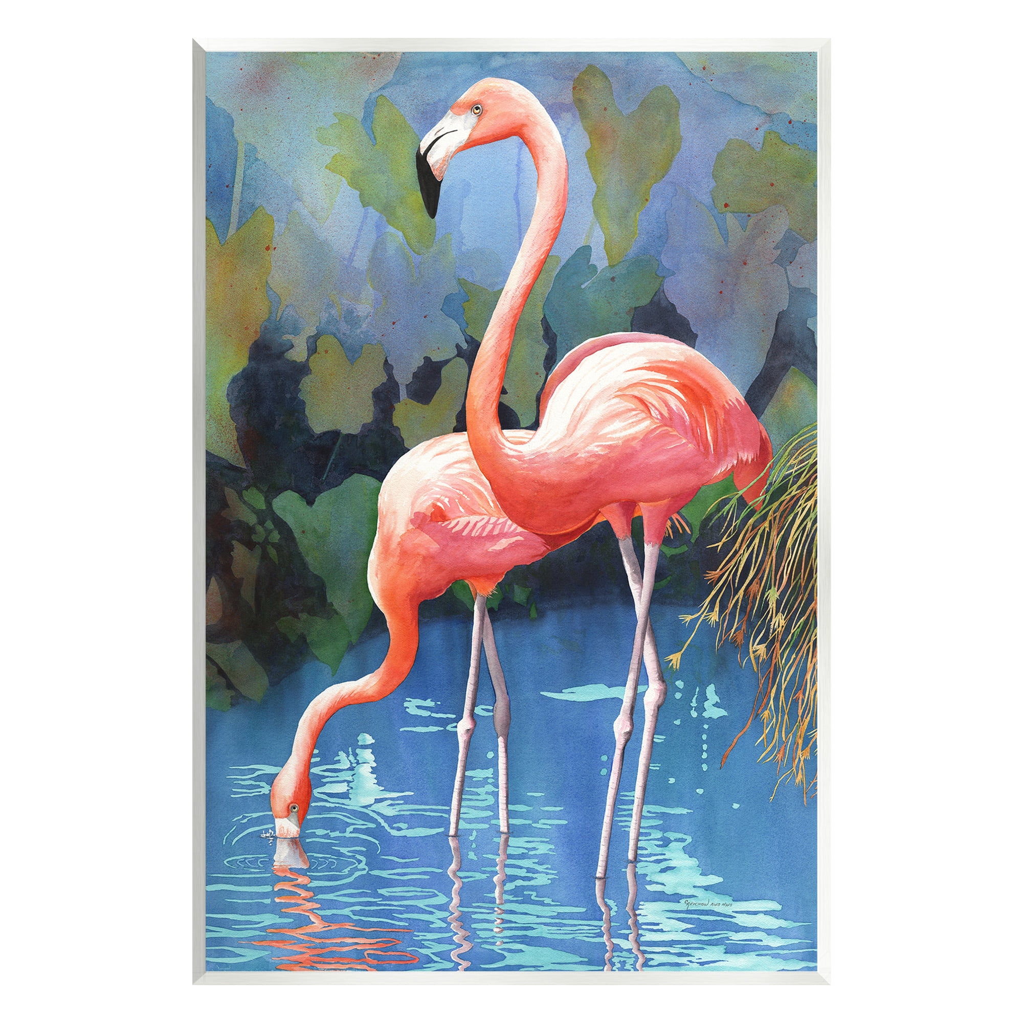 Stupell Industries Flamingos in Lush Pond Animals & Insects Painting Unframed Art Print Wall Art, 13 x 19