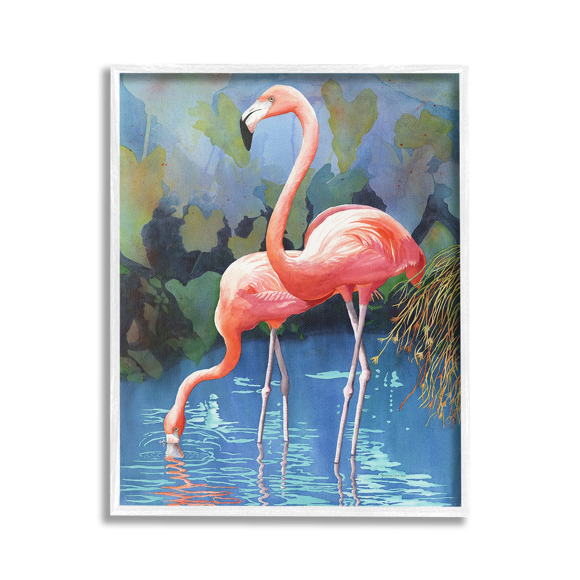 Flamingos in Lush Pond Landscape Canvas Print with White Frame