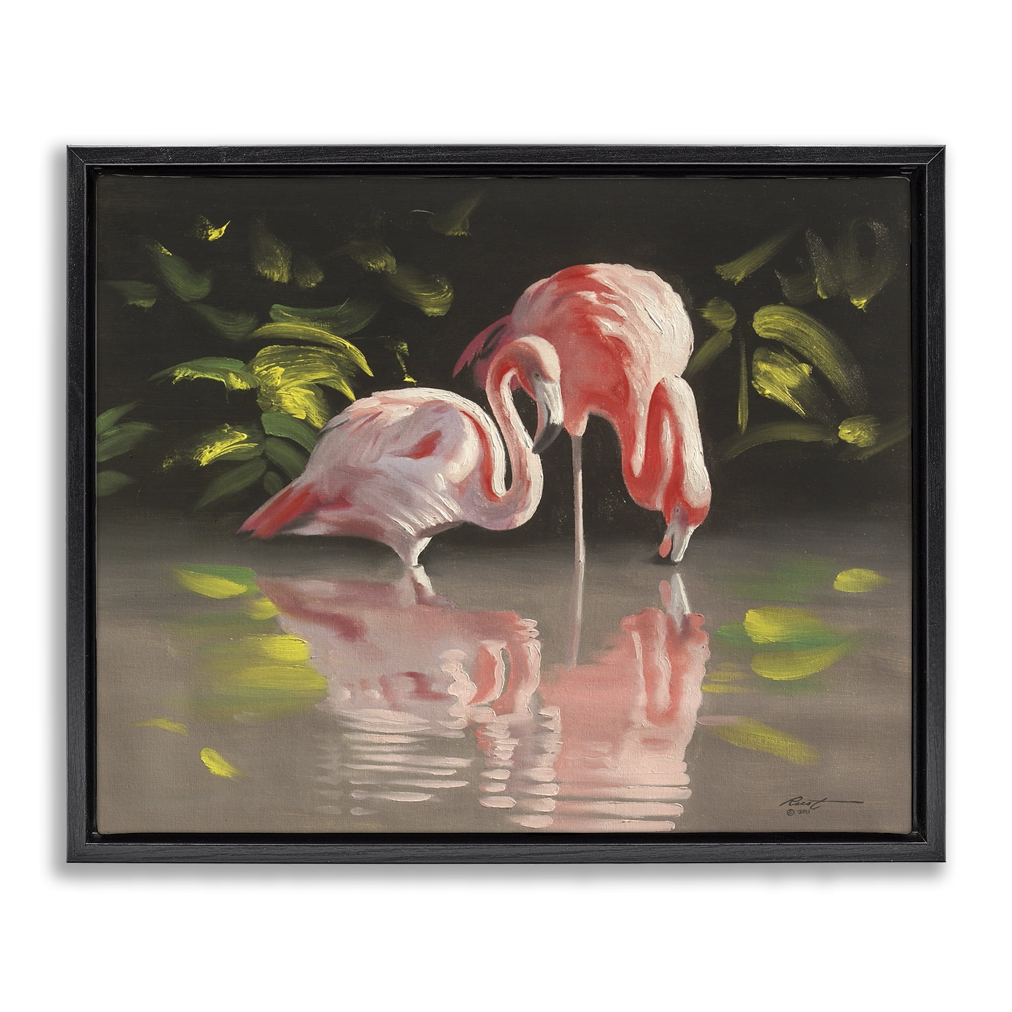 Stupell Industries Flamingos with Pond Reflection Animals & Insects Painting Black Floater Framed Canvas Art Print Wall Art, 31 x 25