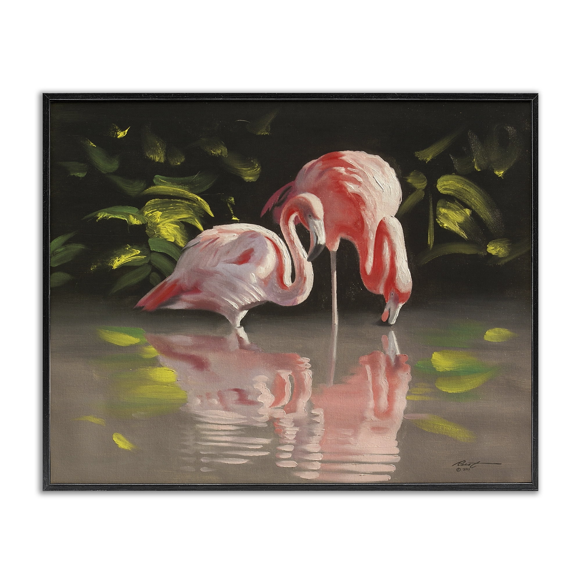 Stupell Industries Flamingos with Pond Reflection Animals & Insects Painting Black Framed Art Print Wall Art, 20 x 16