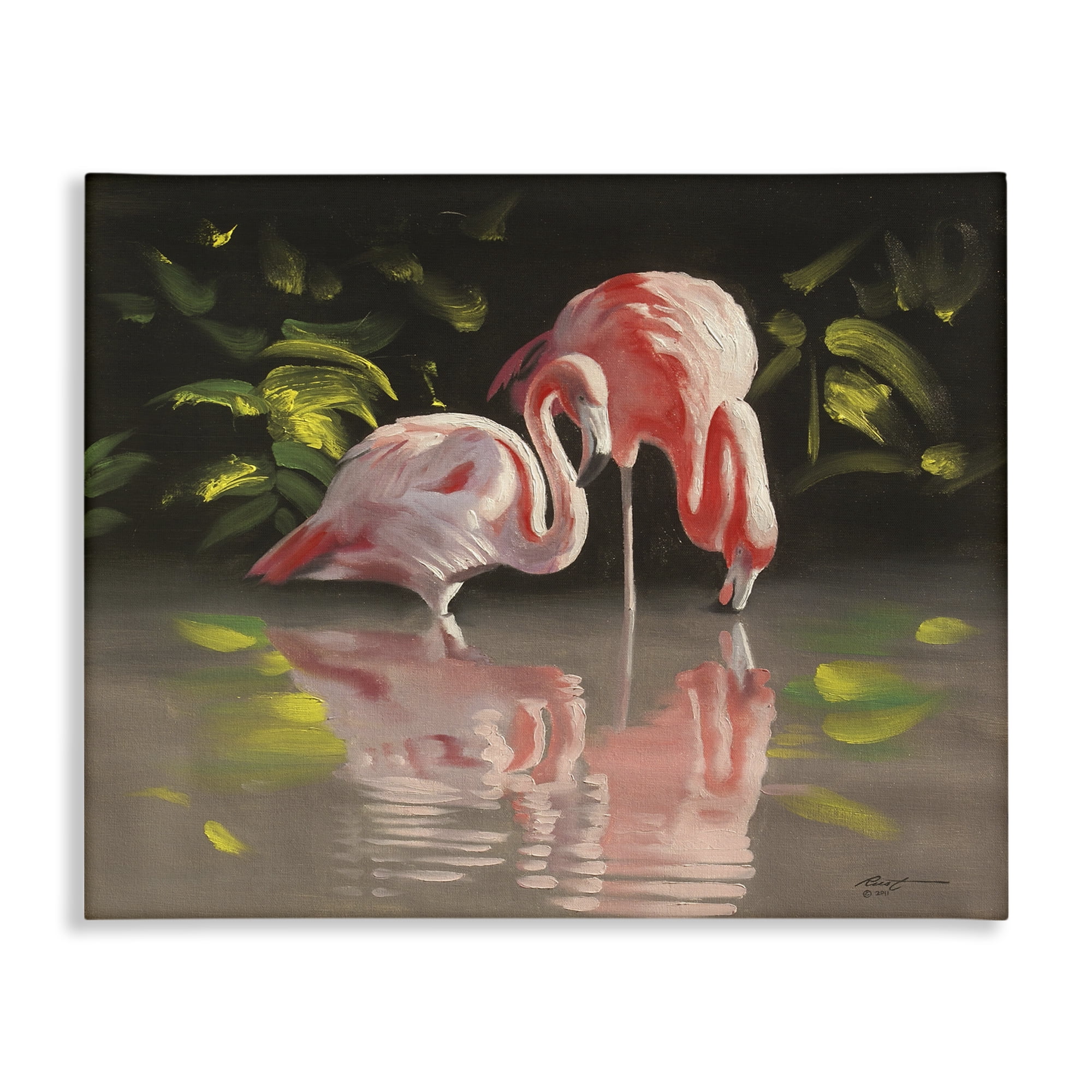 Stupell Industries Flamingos with Pond Reflection Animals & Insects Painting Gallery Wrapped Canvas Art Print Wall Art, 30 x 24