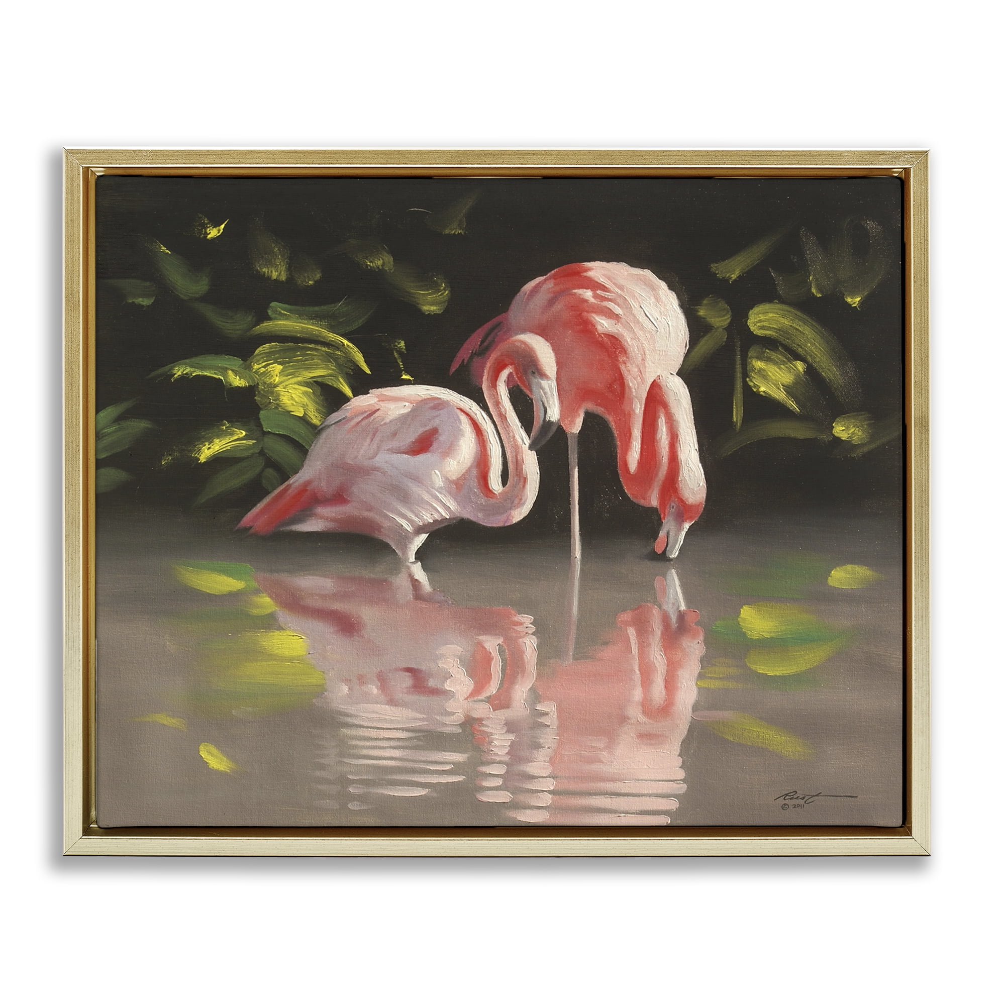 Stupell Industries Flamingos with Pond Reflection Animals & Insects Painting Gold Floater Framed Canvas Art Print Wall Art, 31 x 25
