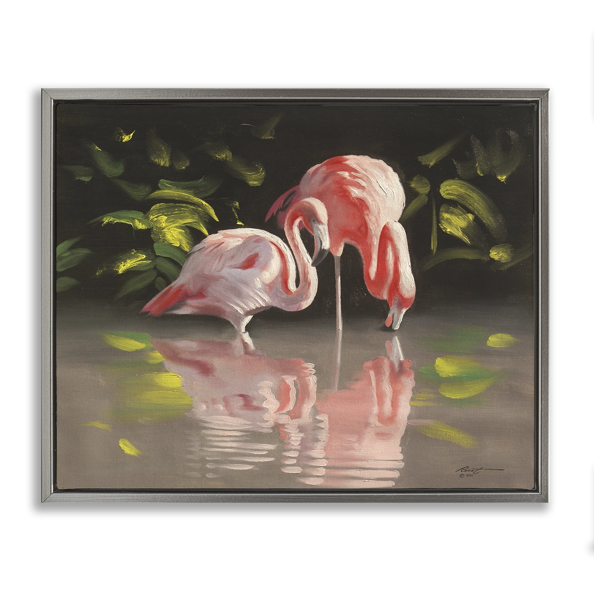 Stupell Industries Flamingos with Pond Reflection Animals & Insects Painting Gray Floater Framed Canvas Art Print Wall Art, 21 x 17