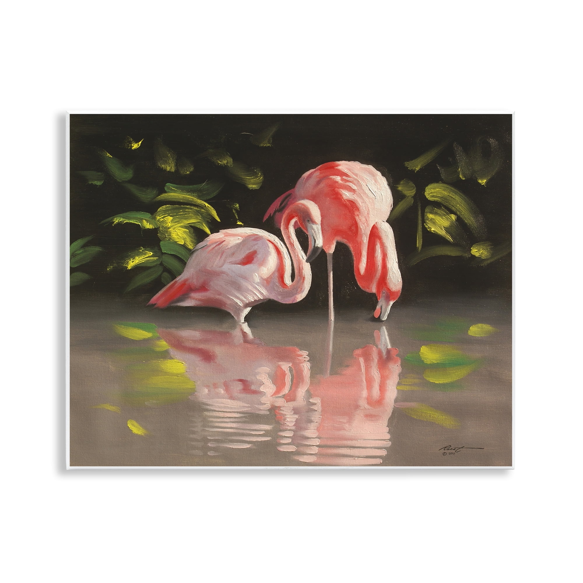 Stupell Industries Flamingos with Pond Reflection Animals & Insects Painting Unframed Art Print Wall Art, 14 x 11