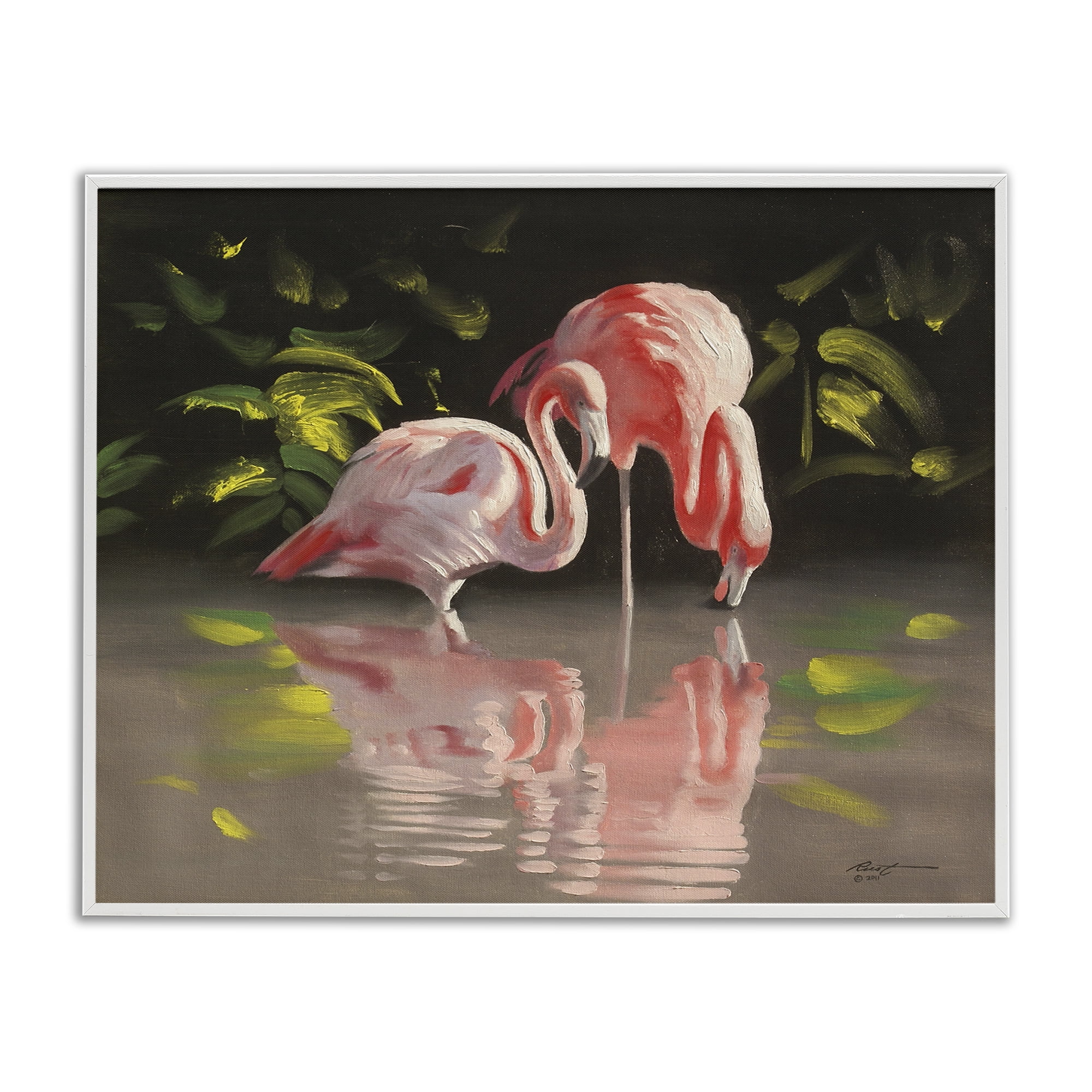 Stupell Industries Flamingos with Pond Reflection Animals & Insects Painting White Framed Art Print Wall Art, 14 x 11