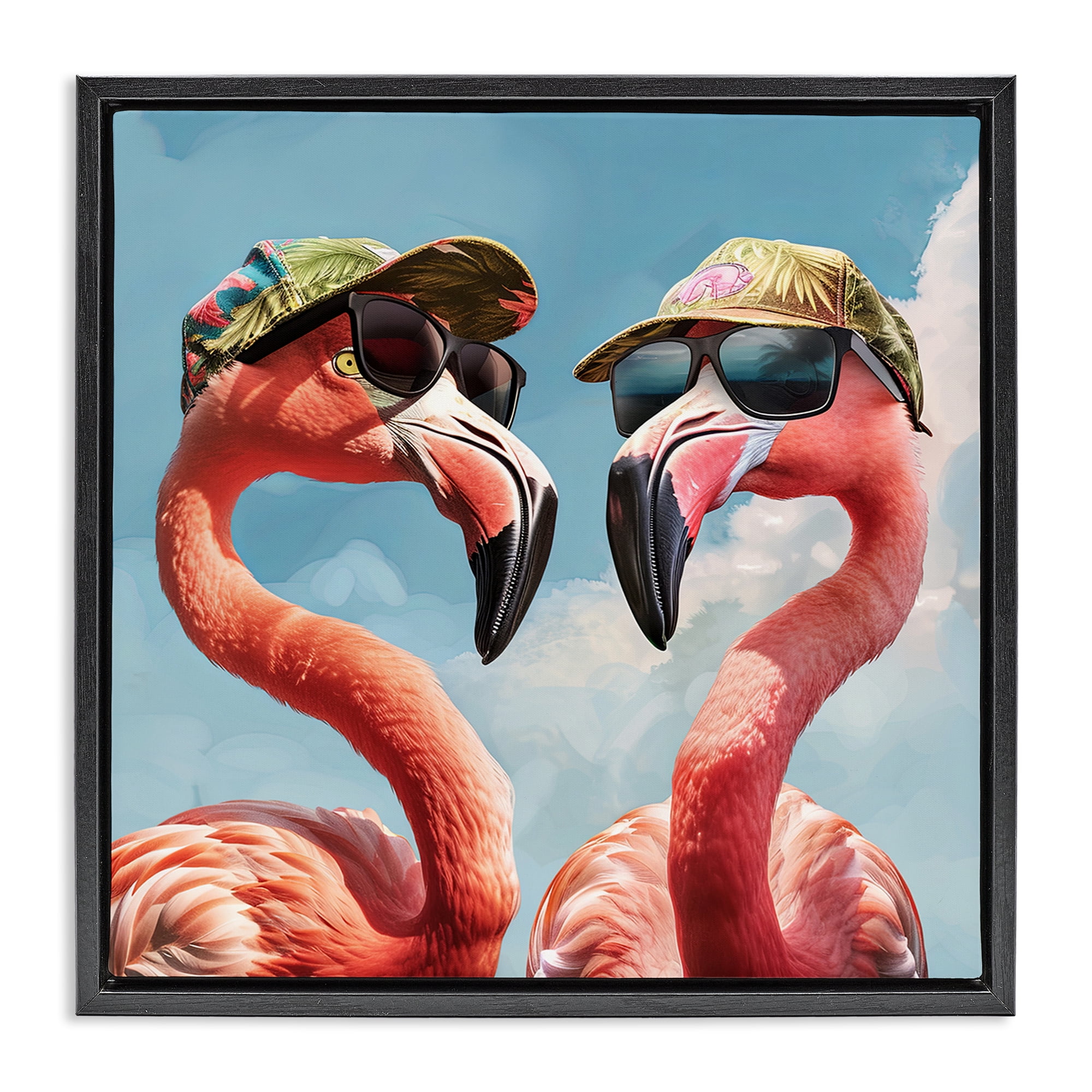 Stupell Industries Flamingos with Tropical Hats Animals Painting Black Floater Framed Canvas Art Print Wall Art, 25 x 25