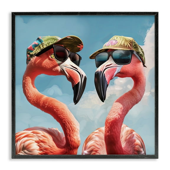 Stupell Industries Flamingos with Tropical Hats Animals Painting Black Framed Art Print Wall Art, 12 x 12