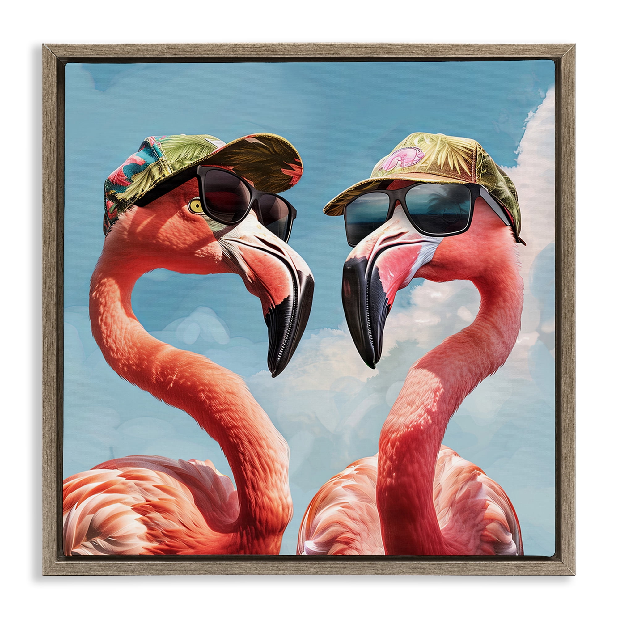 Stupell Industries Flamingos with Tropical Hats Animals Painting Brown Floater Framed Canvas Art Print Wall Art, 25 x 25