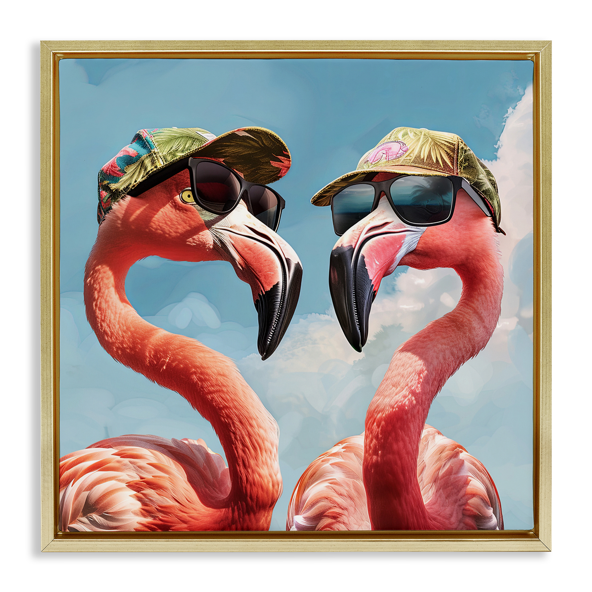 Stupell Industries Flamingos with Tropical Hats Animals Painting Gold Floater Framed Canvas Art Print Wall Art, 18 x 18