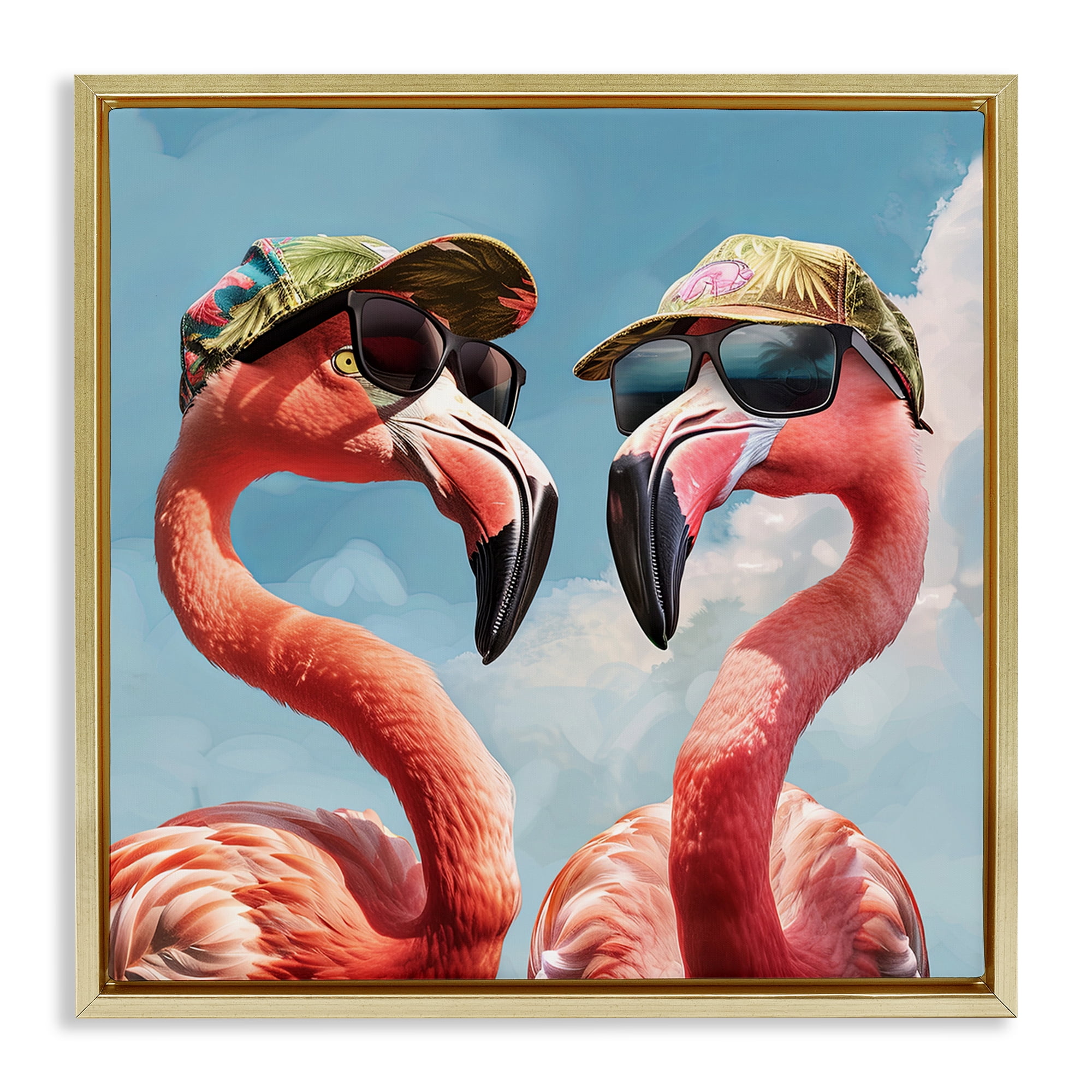 Stupell Industries Flamingos with Tropical Hats Animals Painting Gold Floater Framed Canvas Art Print Wall Art, 25 x 25