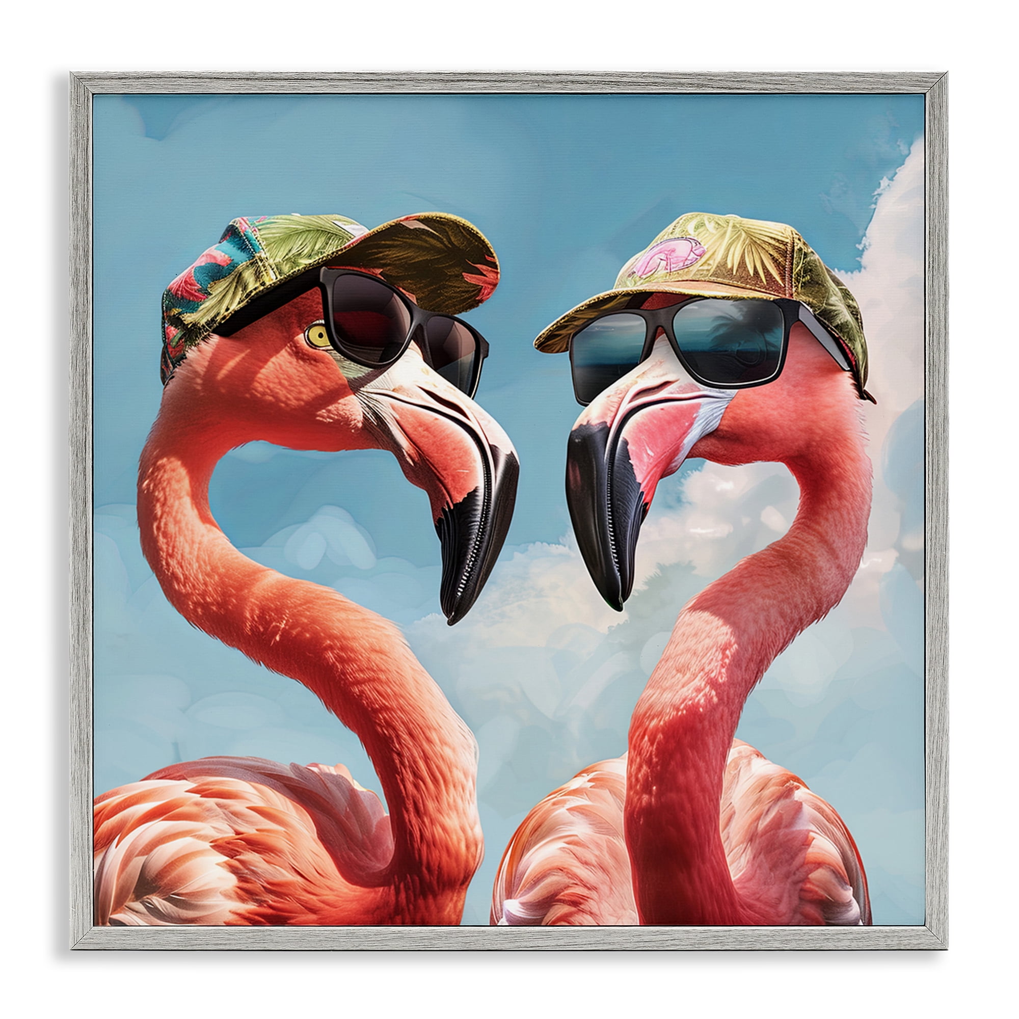 Stupell Industries Flamingos with Tropical Hats Animals Painting Gray Framed Art Print Wall Art, 12 x 12