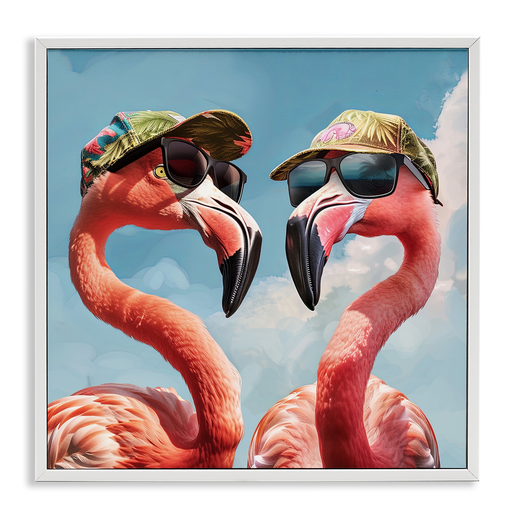 Stupell Industries Flamingos with Tropical Hats Animals Painting White Framed Art Print Wall Art, 24 x 24