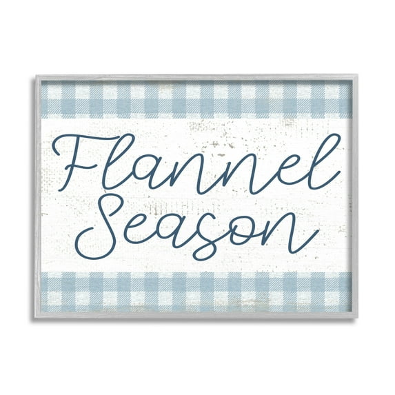 Stupell Industries Flannel Season Phrase Distressed Blue Checker Plaid Pattern Graphic Art Gray Framed Art Print Wall Art, 14x11, by Daphne Polselli