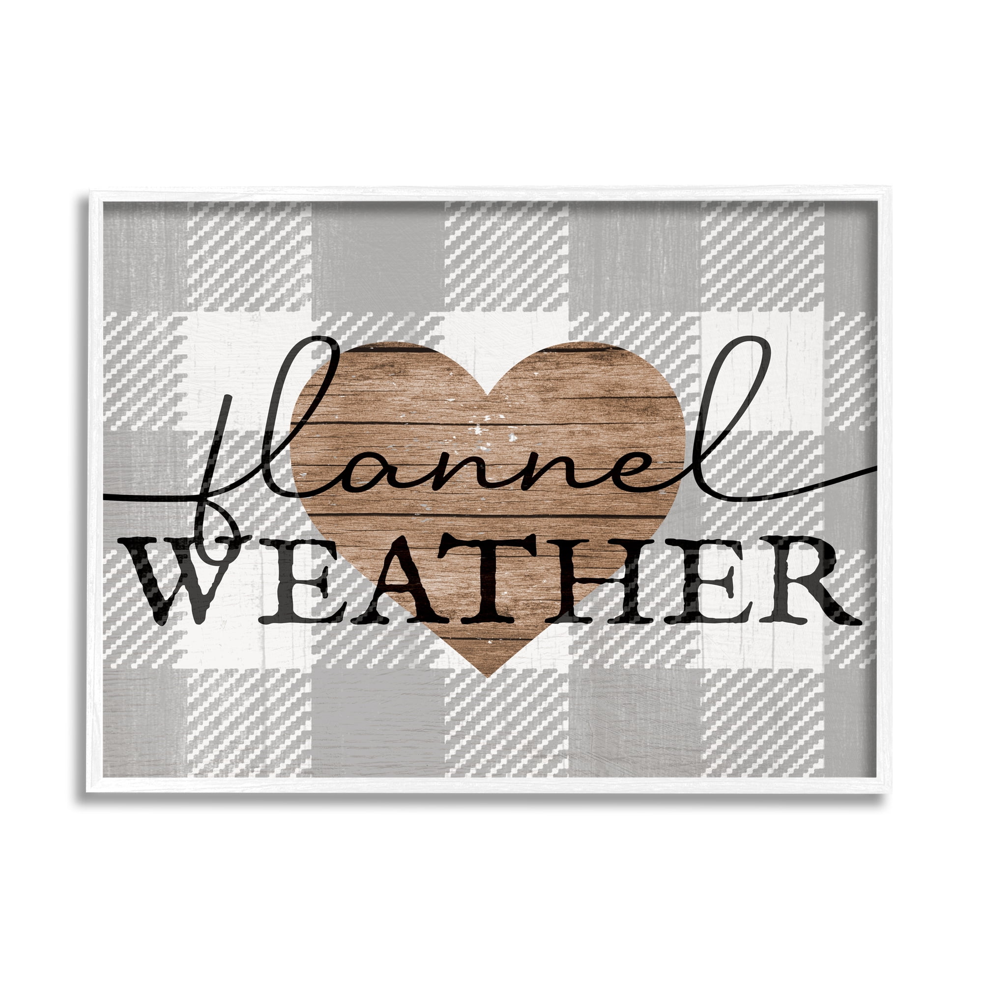 Stupell Industries Flannel Weather Phrase Grain Pattern Heart Checkered Plaid Graphic Art White Framed Art Print Wall Art, 20x16, by Daphne Polselli