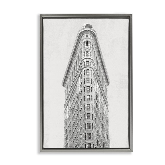 Stupell Industries Flatiron Building Architecture Gray Framed Floater Canvas Wall Art design by Wild Apple Portfolio, 31 x 21