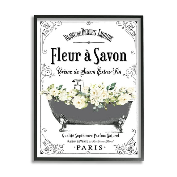 Stupell Industries Fleur a Savon Vintage Parisian Bathroom Floral Tub Graphic Art Black Framed Art Print Wall Art, 11x14, by Lettered and Lined