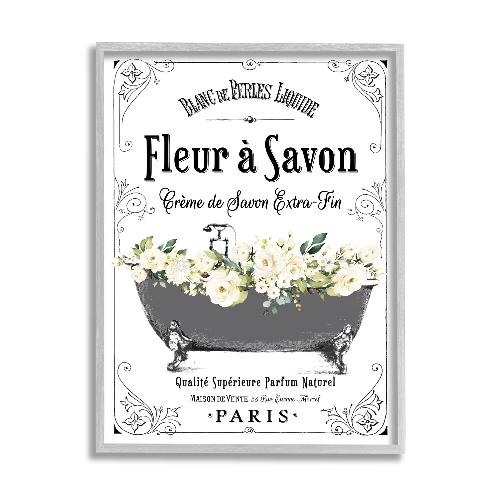 Stupell Industries Fleur a Savon Vintage Parisian Bathroom Floral Tub Graphic Art Gray Framed Art Print Wall Art, 24x30, by Lettered and Lined