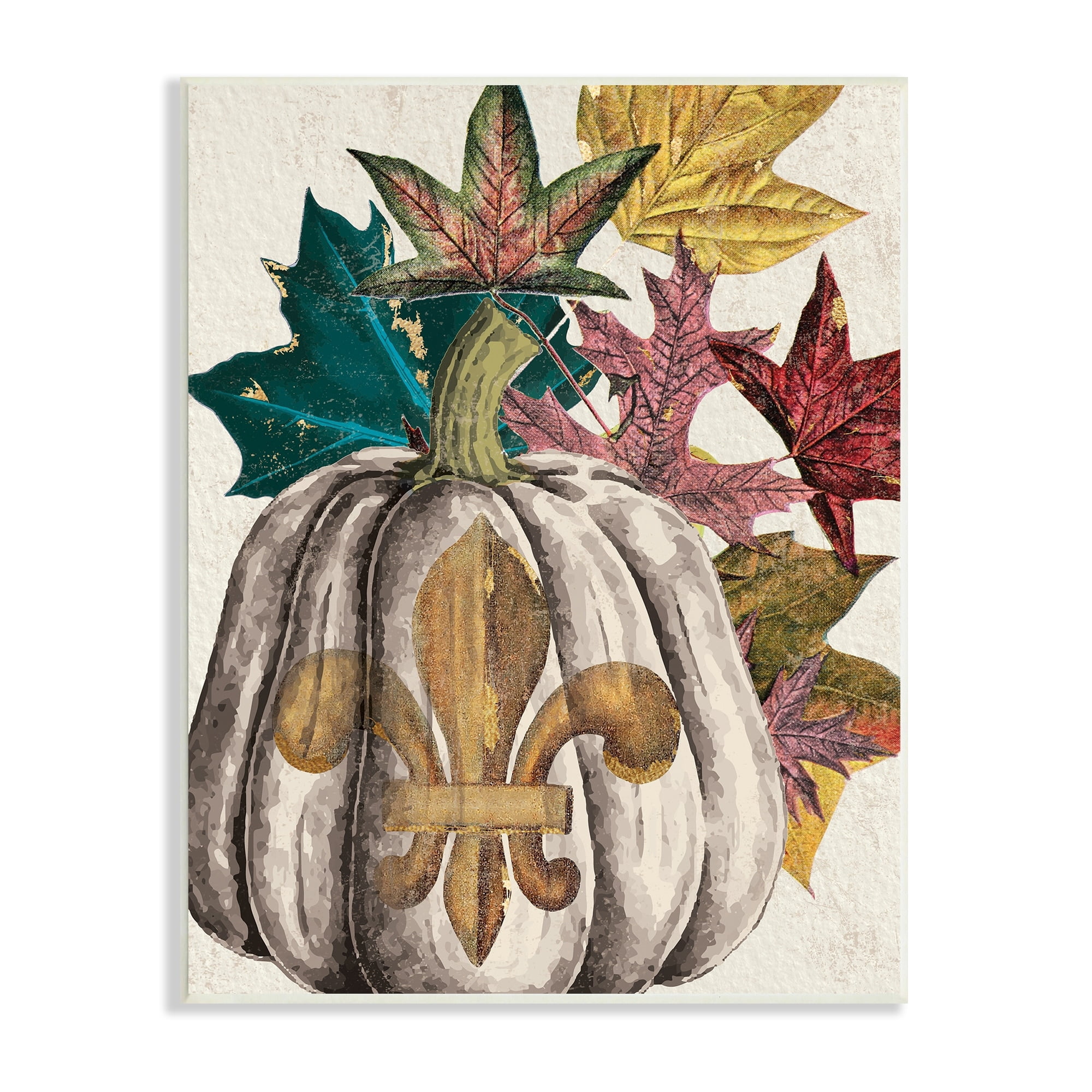 Stupell Industries Fleur-de-lis Crest Pumpkin Vintage Autumn Leaf Arrangement, 10 x 15,Design by Daphne Polselli