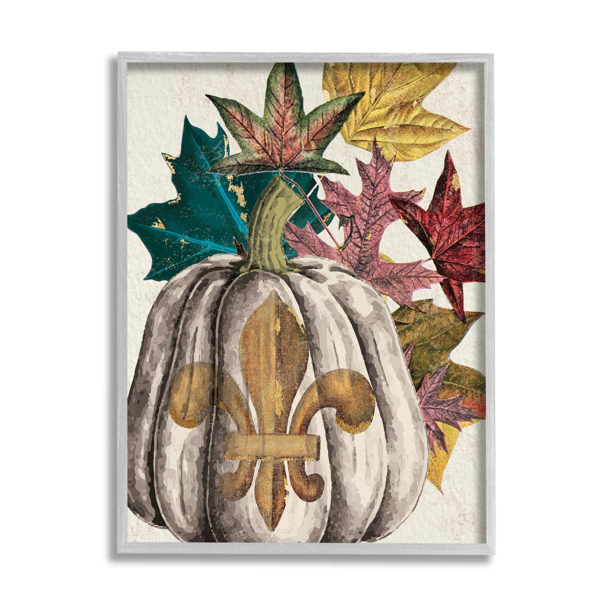 Stupell Industries Fleur-de-lis Crest Pumpkin Vintage Autumn Leaf Arrangement Graphic Art Gray Framed Art Print Wall Art, 24x30, by Daphne Polselli