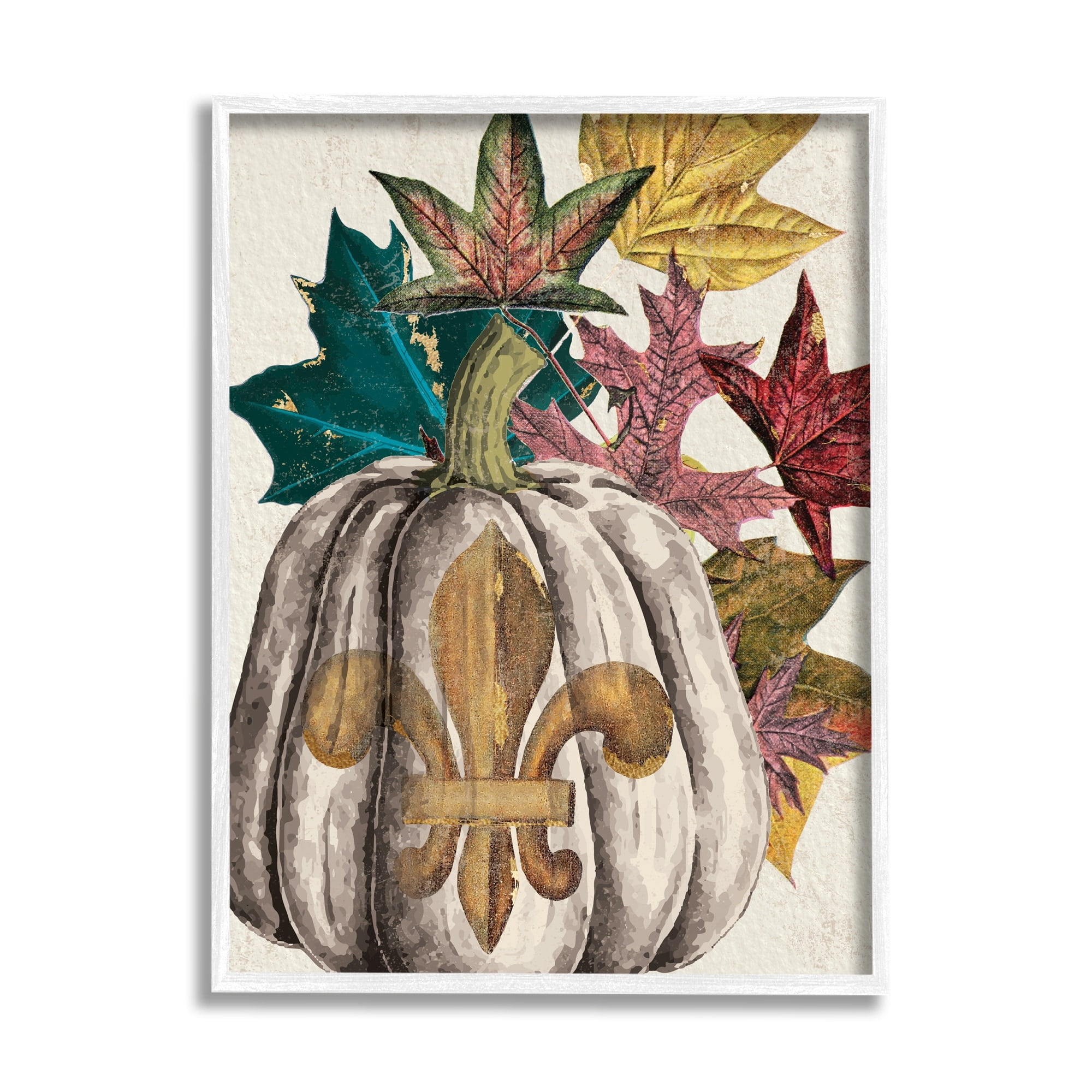 Stupell Industries Fleur-de-lis Crest Pumpkin Vintage Autumn Leaf Arrangement Graphic Art White Framed Art Print Wall Art, 16x20, by Daphne Polselli