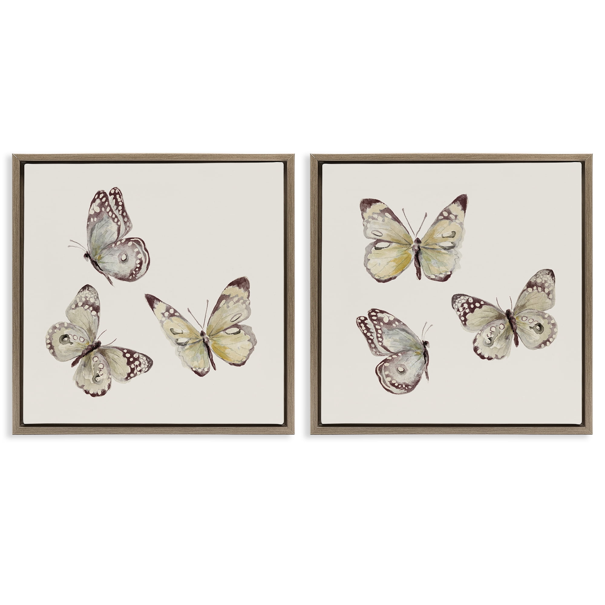 Stupell Industries Flight of Butterflies on Beige 2 Piece Brown Framed Floater Canvas Set, design by Patricia Pinto