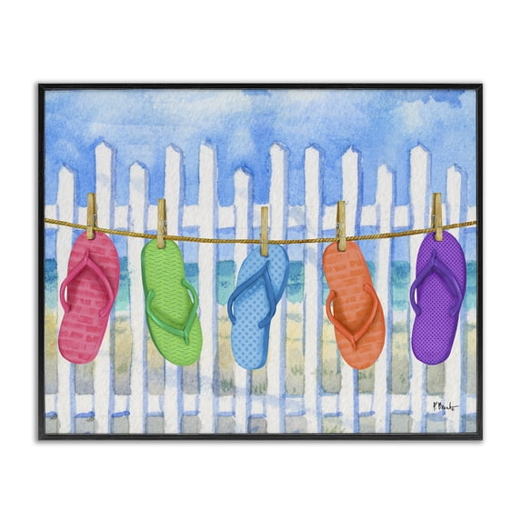 Stupell Industries Tropical Flip Flop Clothesline Black Framed Giclee Art, 14 x 11, by Paul Brent