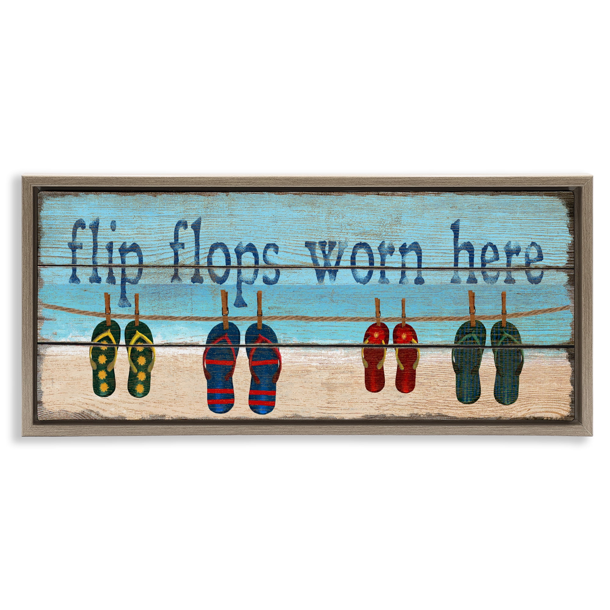 Stupell Industries Flip Flops Worn Here Brown Framed Floater Canvas Wall Art, design by Gail Fraser