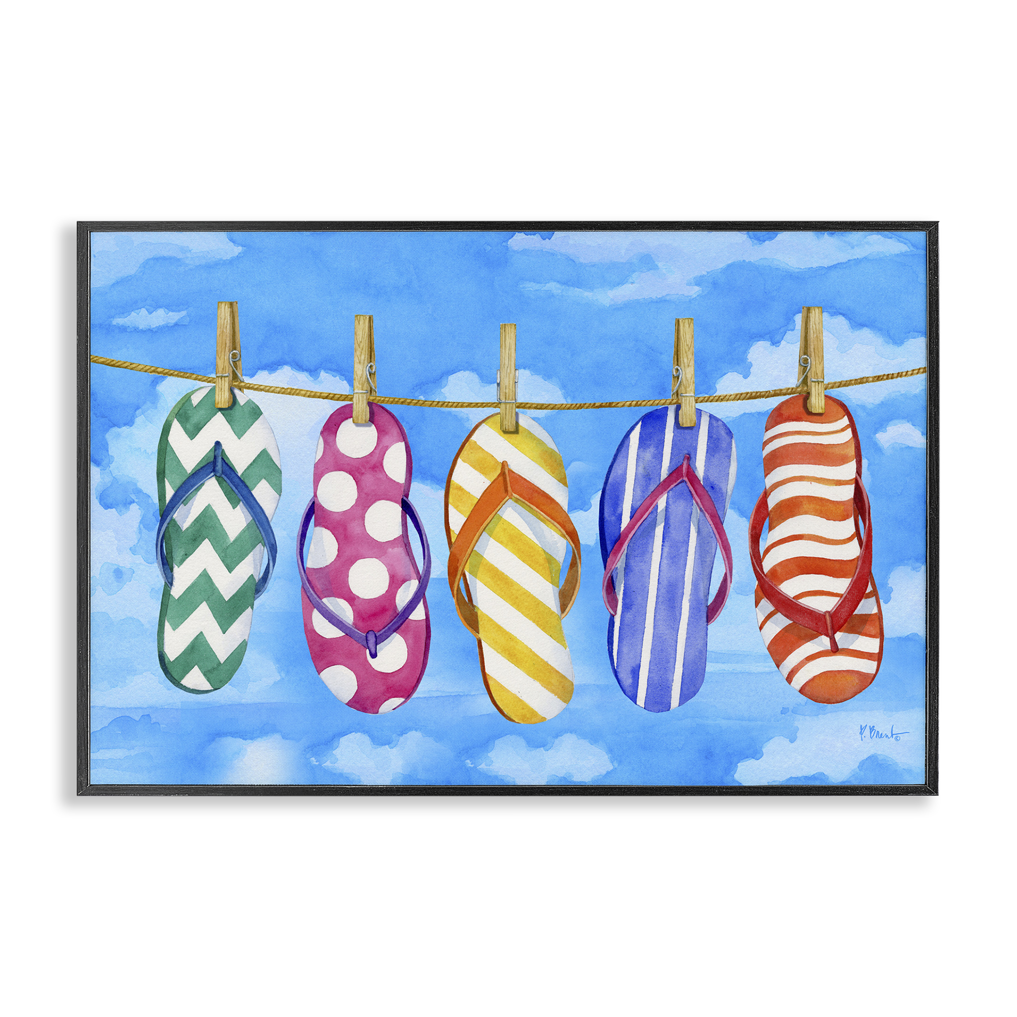 Stupell Industries Flip Flops on Clothesline Beauty & Fashion Painting Black Framed Art Print Wall Art, 18 x 12