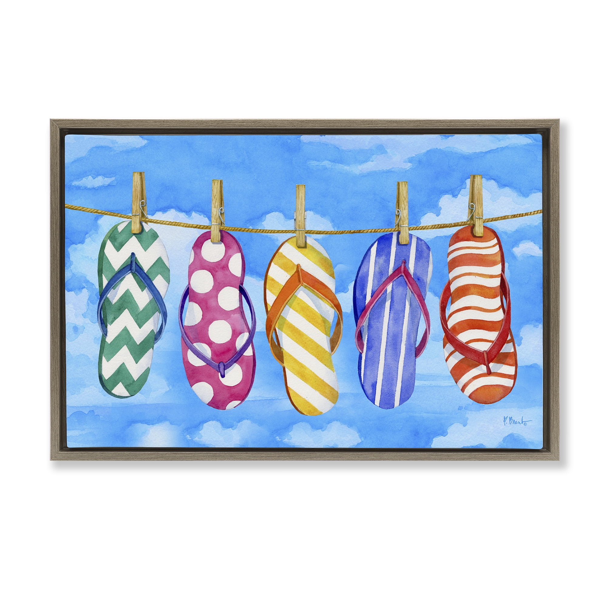 Stupell Industries Flip Flops on Clothesline Beauty & Fashion Painting Brown Floater Framed Canvas Art Print Wall Art, 31 x 21