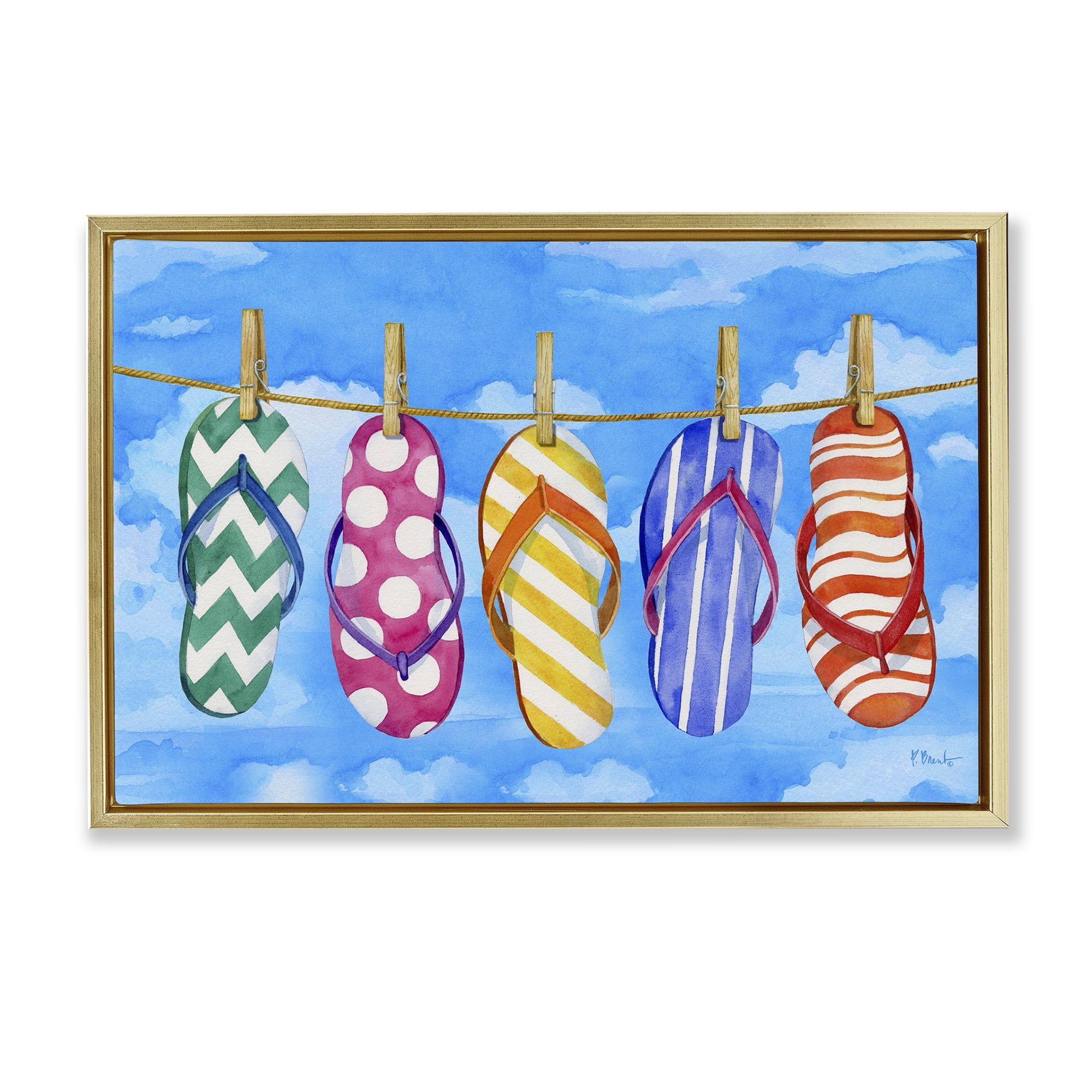 Stupell Industries Flip Flops on Clothesline Beauty & Fashion Painting Gold Floater Framed Canvas Art Print Wall Art, 31 x 21