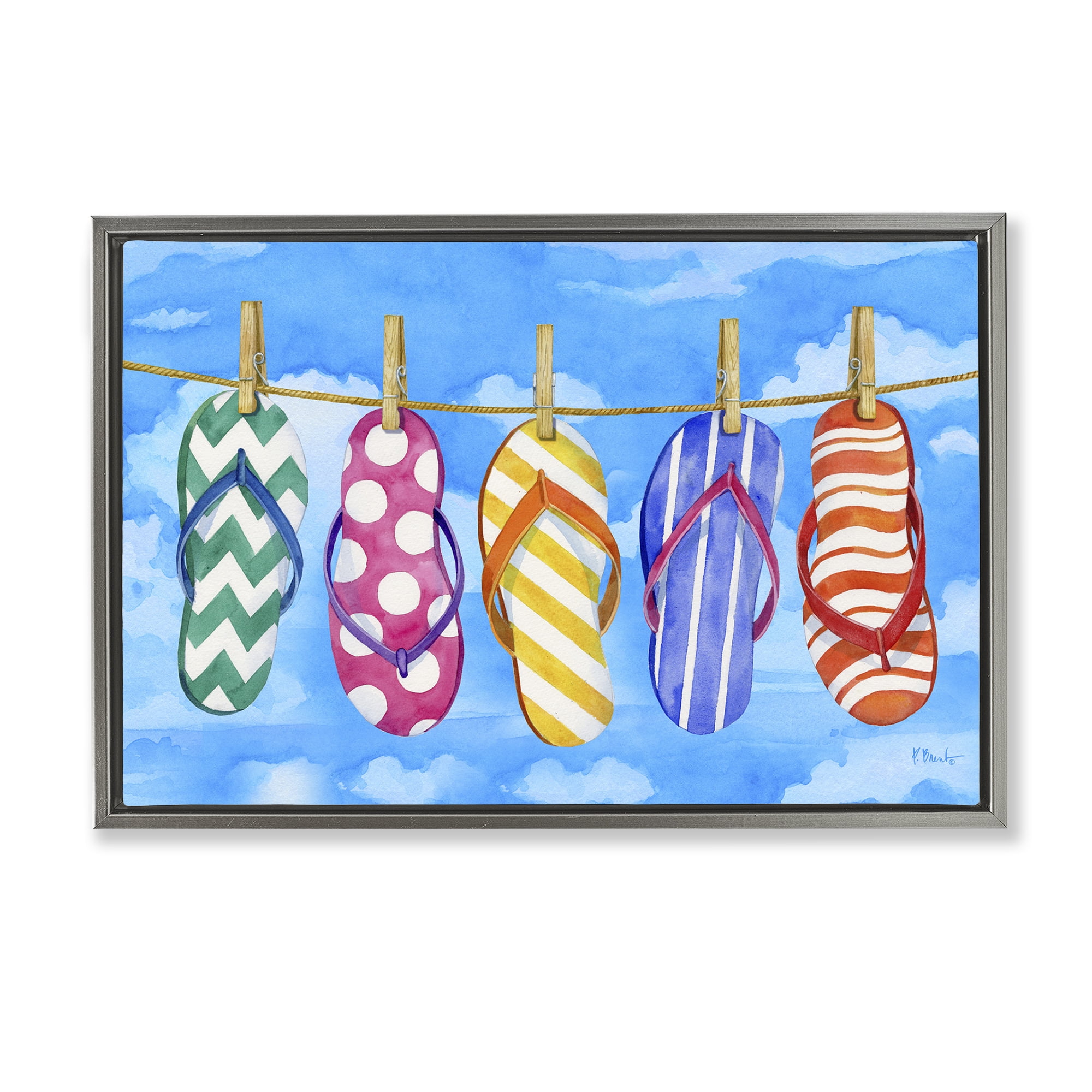 Stupell Industries Flip Flops on Clothesline Beauty & Fashion Painting Gray Floater Framed Canvas Art Print Wall Art, 31 x 21