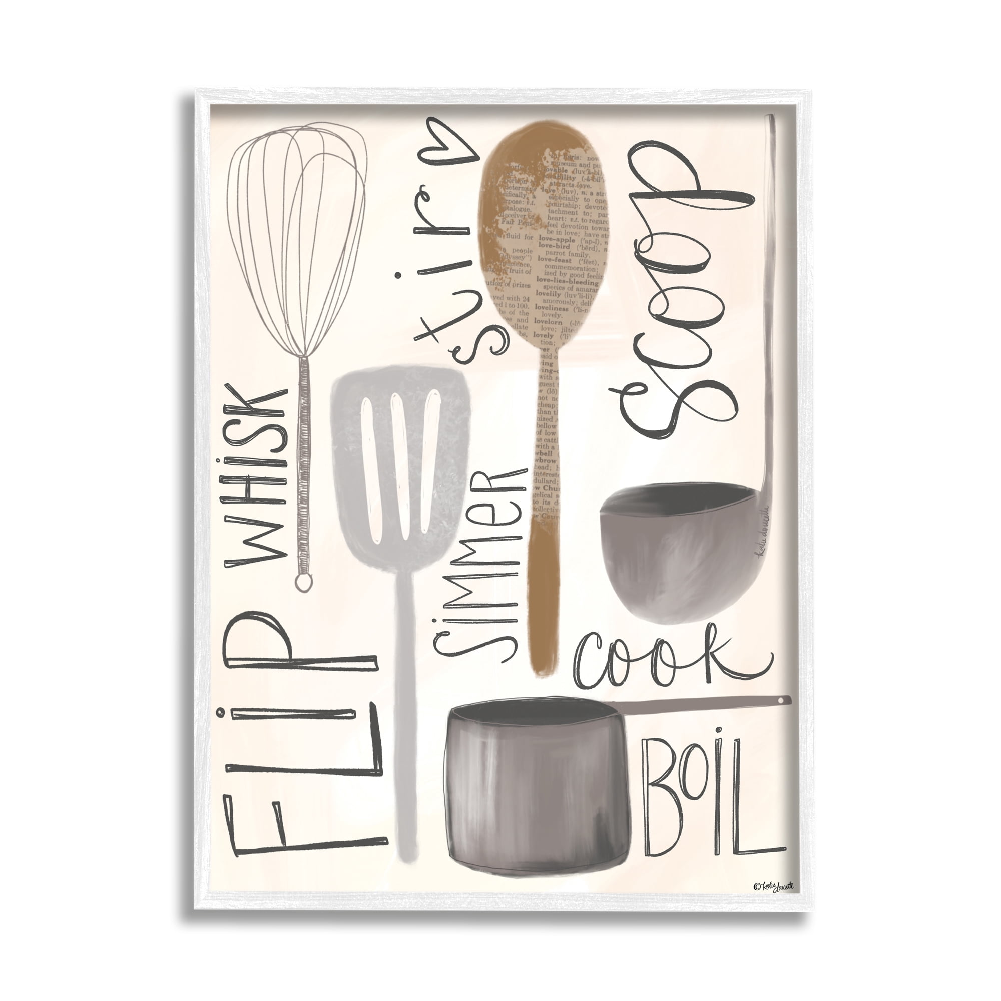 Stupell Industries Flip Whisk Simmer and Stir Kitchen Spoons and Utensils Graphic Art Framed Art Print Wall Art, 11x14, By Katie Doucette