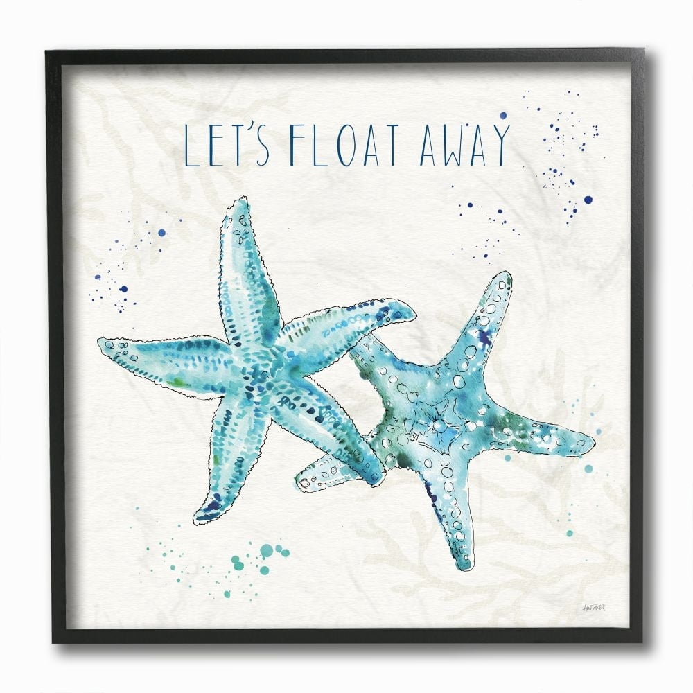 Stupell Industries Float Away Phrase Starfish Nautical Blue Green Watercolor Framed Wall Art Design by Anne Tavoletti, 12" x 12", Black Framed
