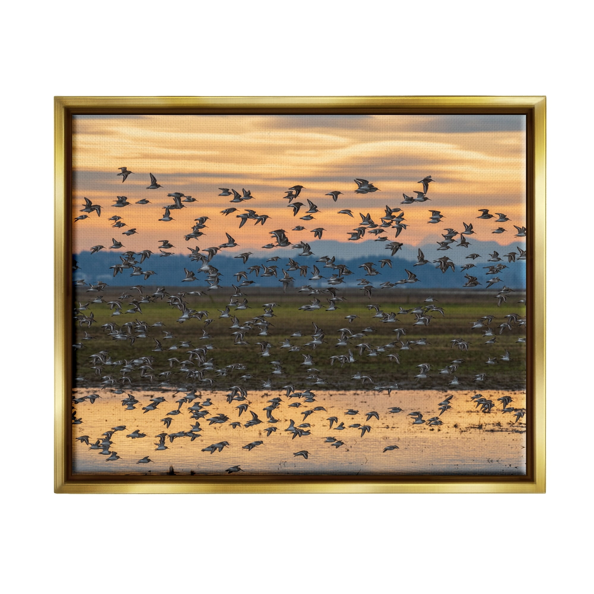 Stupell Industries Flock of Birds Flying Lake Reflection Orange Sunset Painting Metallic Gold Floating Framed Canvas Print Wall Art, Design by Nancy Crowell