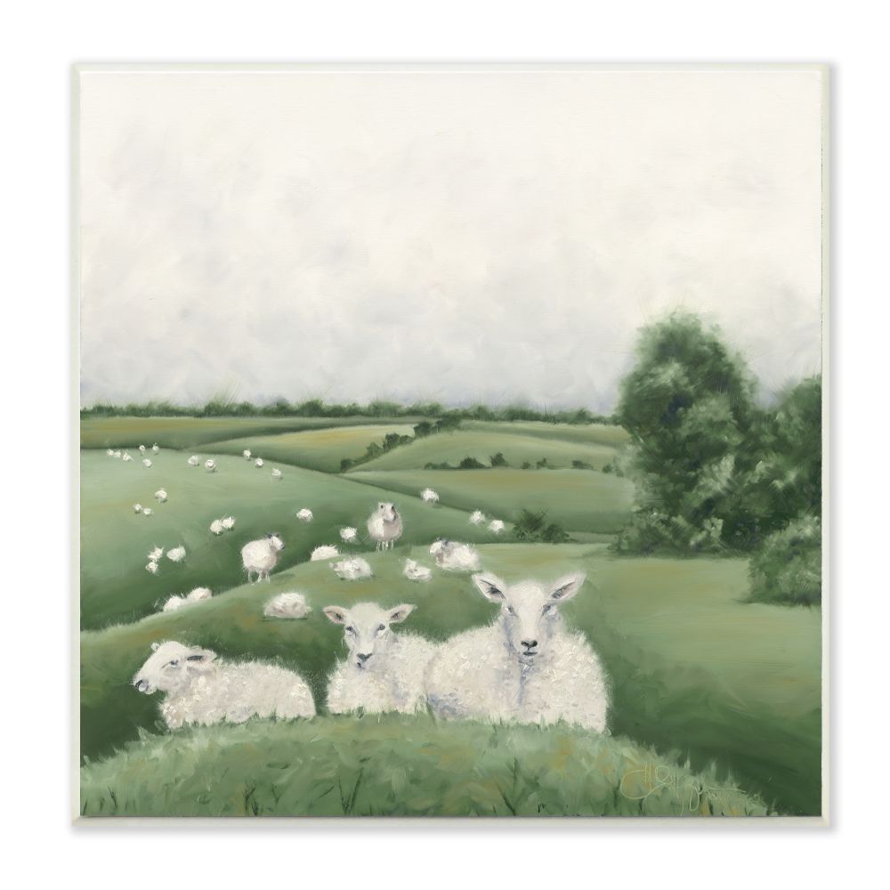 Stupell Industries Flock Of Sheep in Green Rolling Hills Illustration Wall Plaque Design by Hollihocks Art