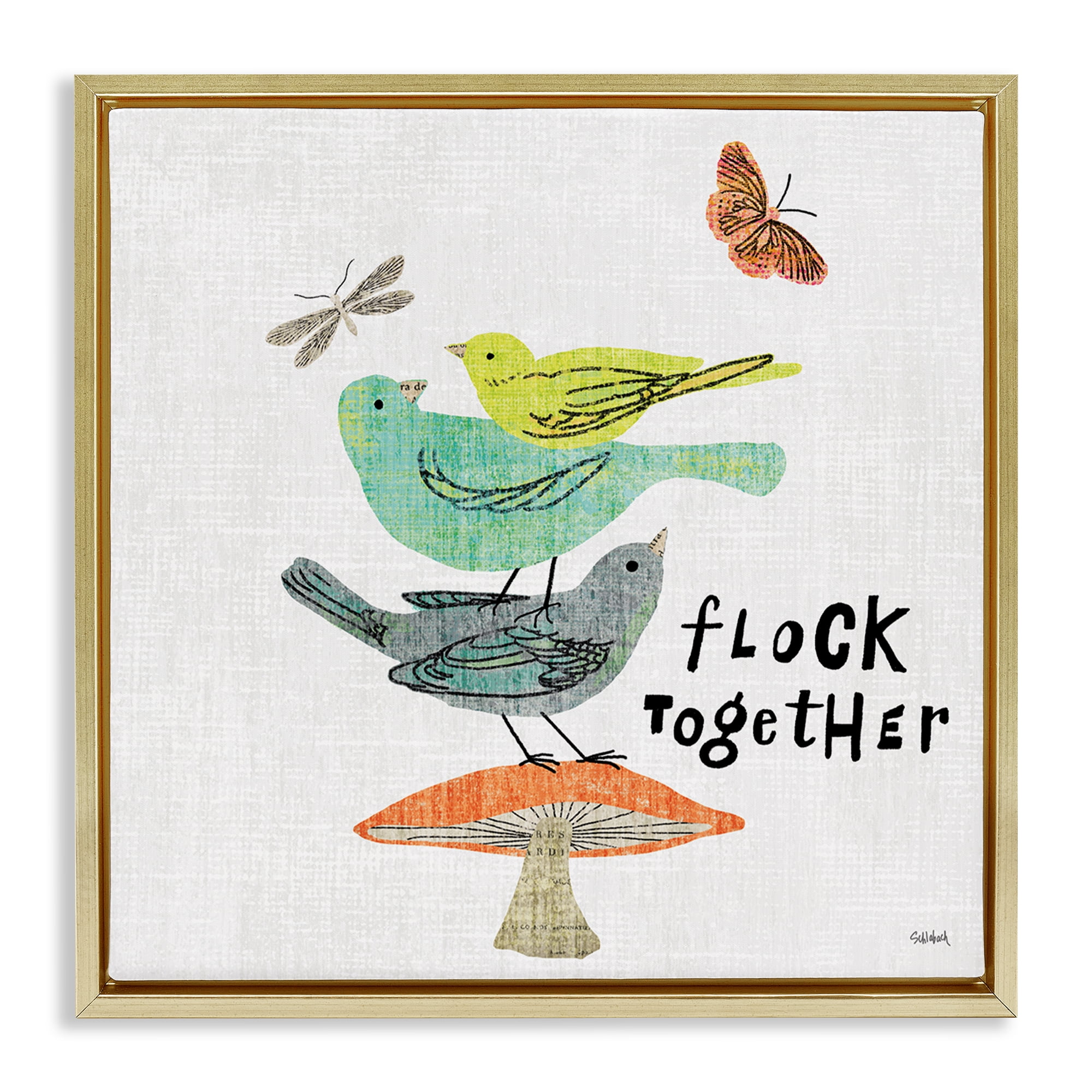 Stupell Industries Flock Together Birds Animals Painting Gold Floater Framed Canvas Art Print Wall Art, 25 x 25