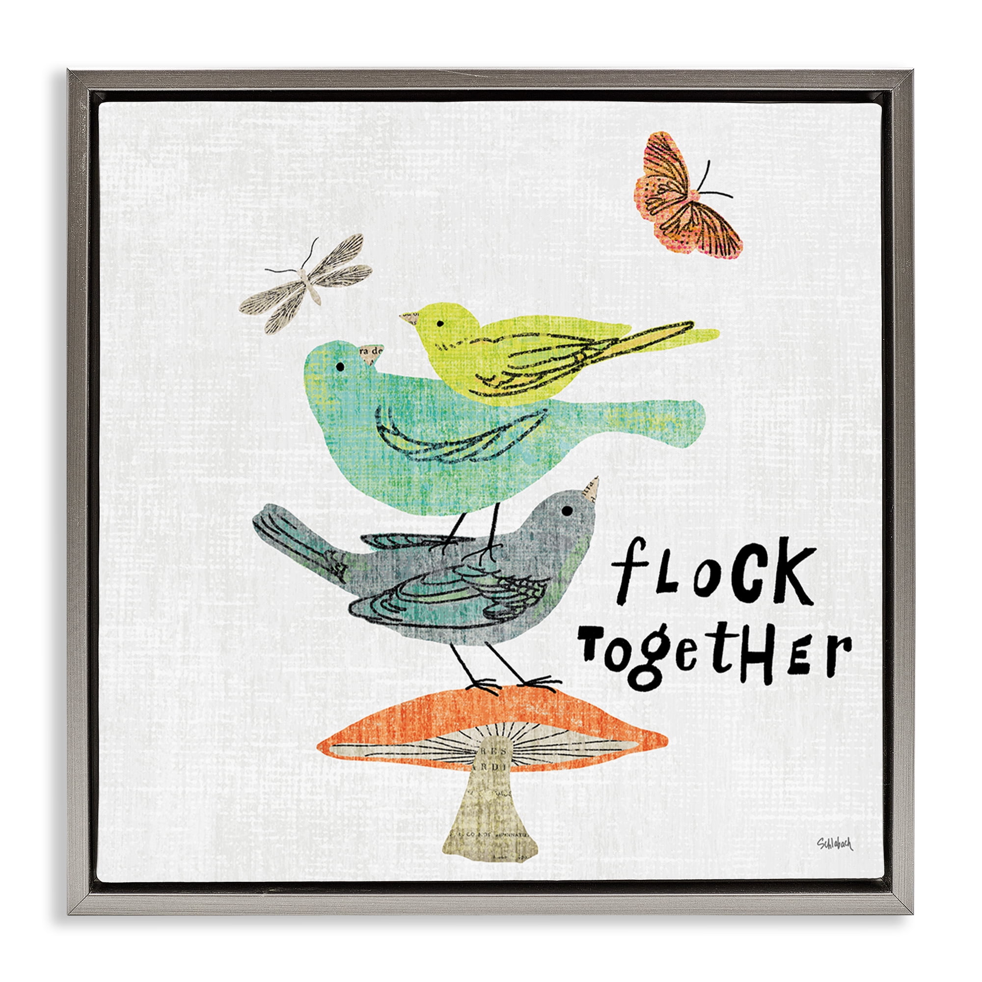 Stupell Industries Flock Together Birds Animals Painting Gray Floater Framed Canvas Art Print Wall Art, 18 x 18