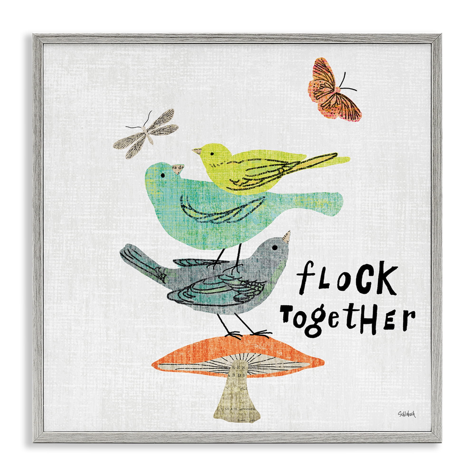 Stupell Industries Flock Together Birds Animals Painting Gray Framed Art Print Wall Art, 17 x 17
