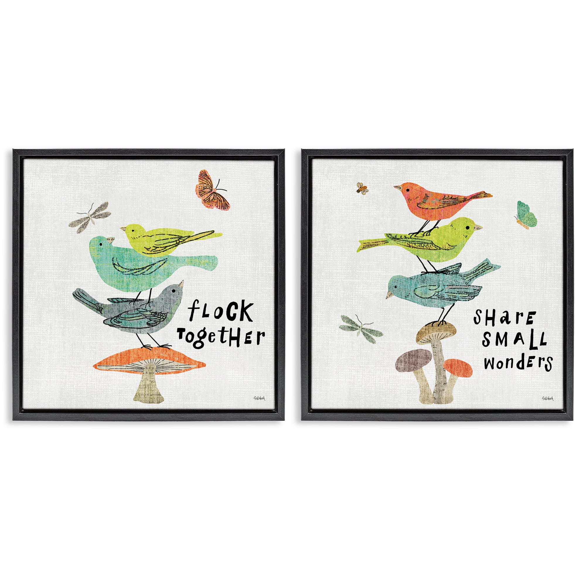 Stupell Industries Flock Together Share Birds Animals Painting Black Floater Framed Canvas Art Print Wall Art, 25 x 25, Set of 2