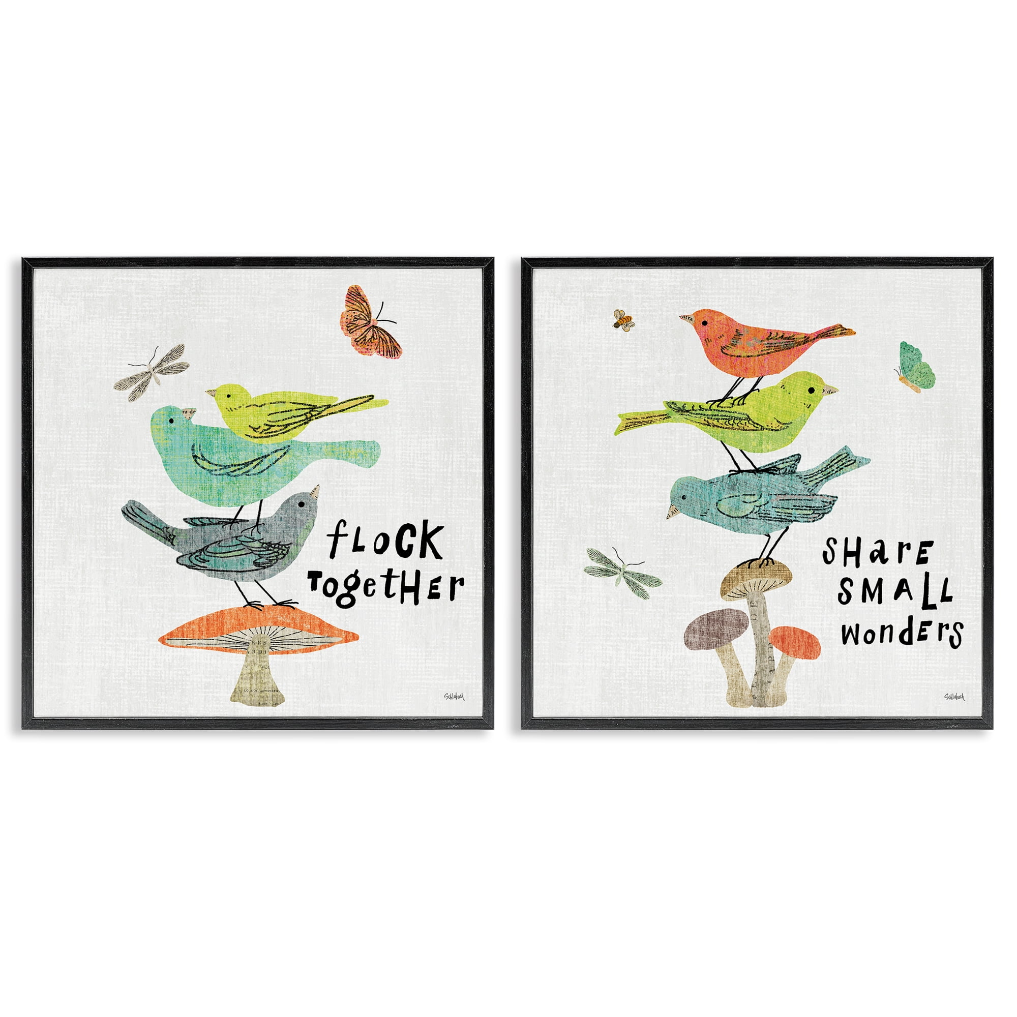 Stupell Industries Flock Together Share Birds Animals Painting Black Framed Art Print Wall Art, 17 x 17, Set of 2