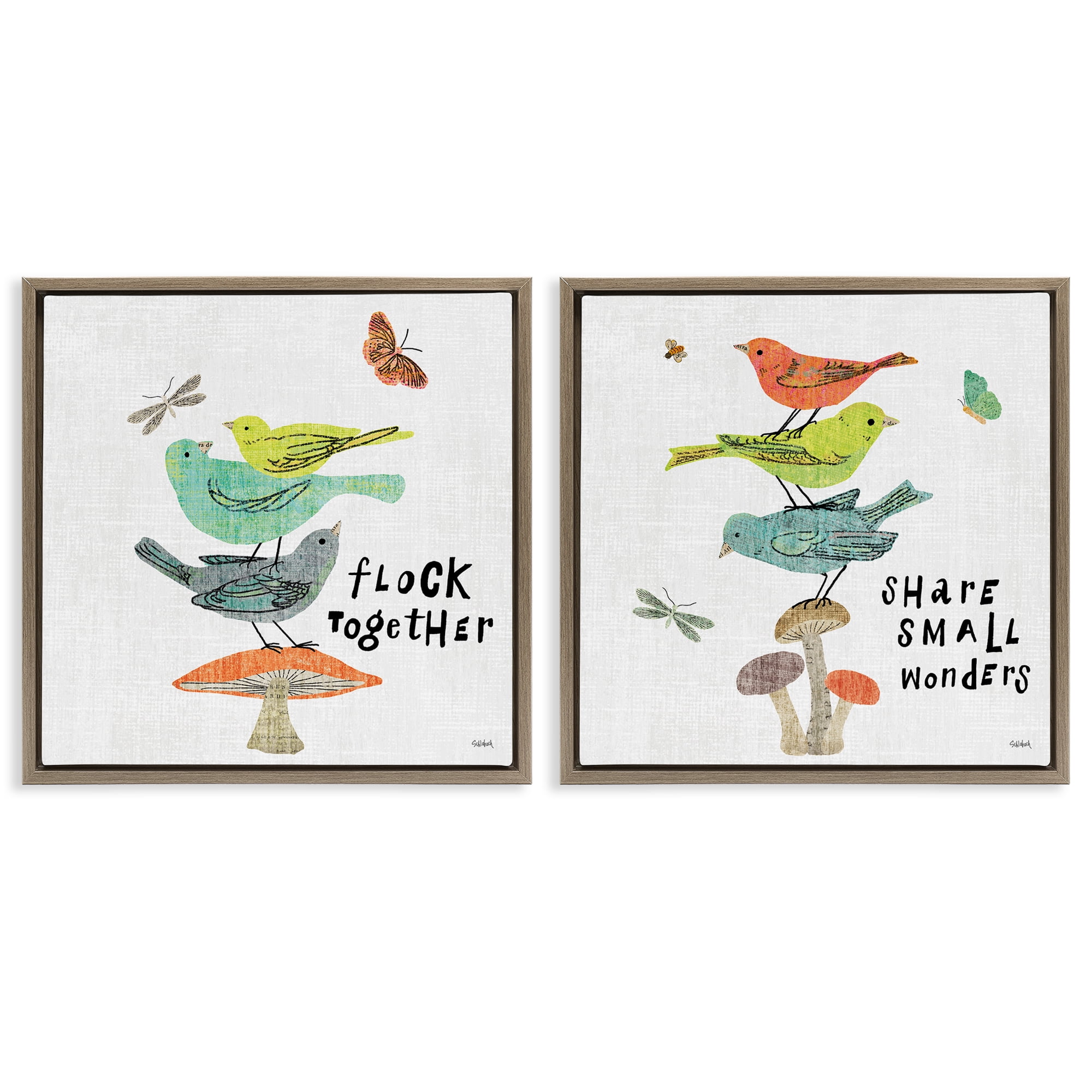 Stupell Industries Flock Together Share Birds Animals Painting Brown Floater Framed Canvas Art Print Wall Art, 25 x 25, Set of 2