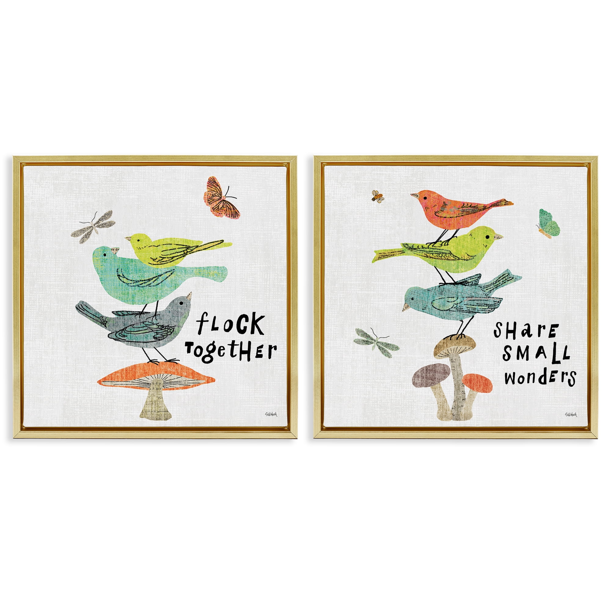 Stupell Industries Flock Together Share Birds Animals Painting Gold Floater Framed Canvas Art Print Wall Art, 25 x 25, Set of 2