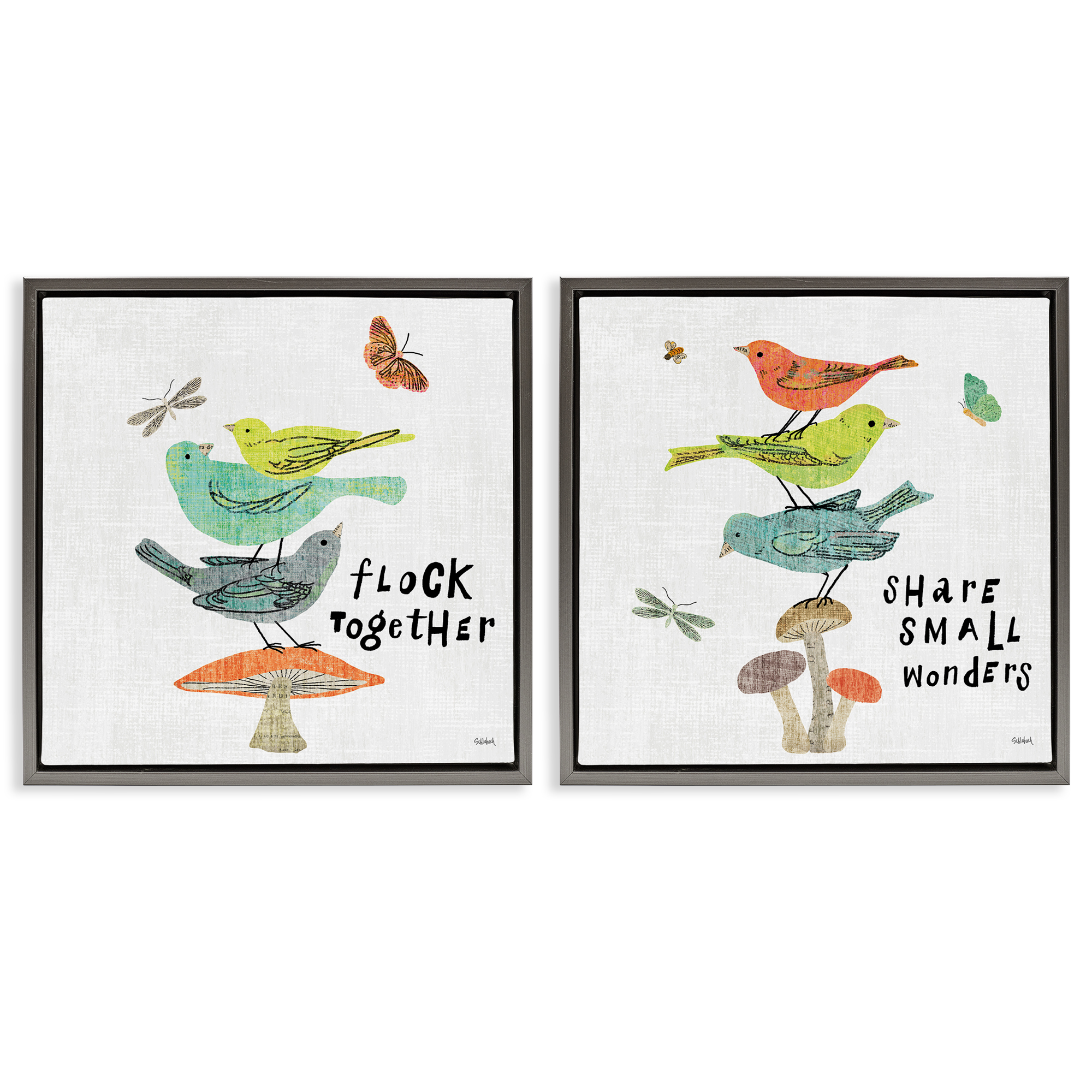 Stupell Industries Flock Together Share Birds Animals Painting Gray Floater Framed Canvas Art Print Wall Art, 25 x 25, Set of 2