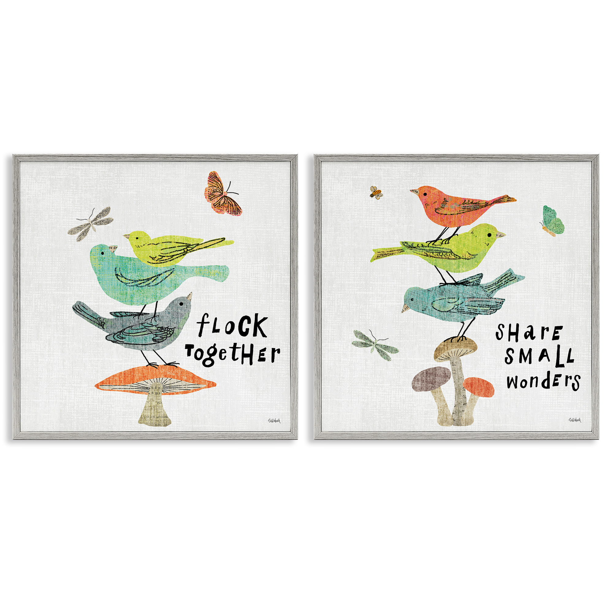 Stupell Industries Flock Together Share Birds Animals Painting Gray Framed Art Print Wall Art, 24 x 24, Set of 2