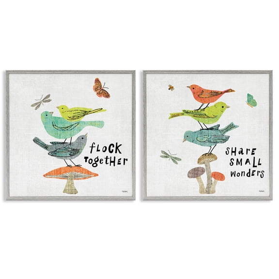 Stupell Industries Flock Together Share Birds Animals Painting Gray Framed Art Print Wall Art, 24 x 24, Set of 2