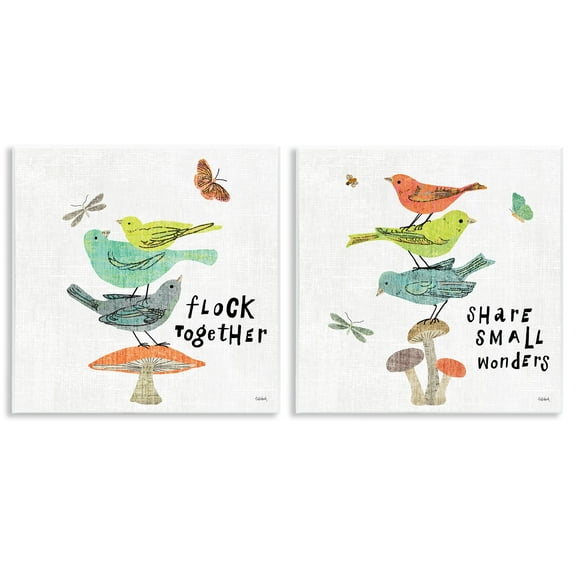 Stupell Industries Flock Together Share Birds Animals Painting Unframed Art Print Wall Art, 12 x 12, Set of 2