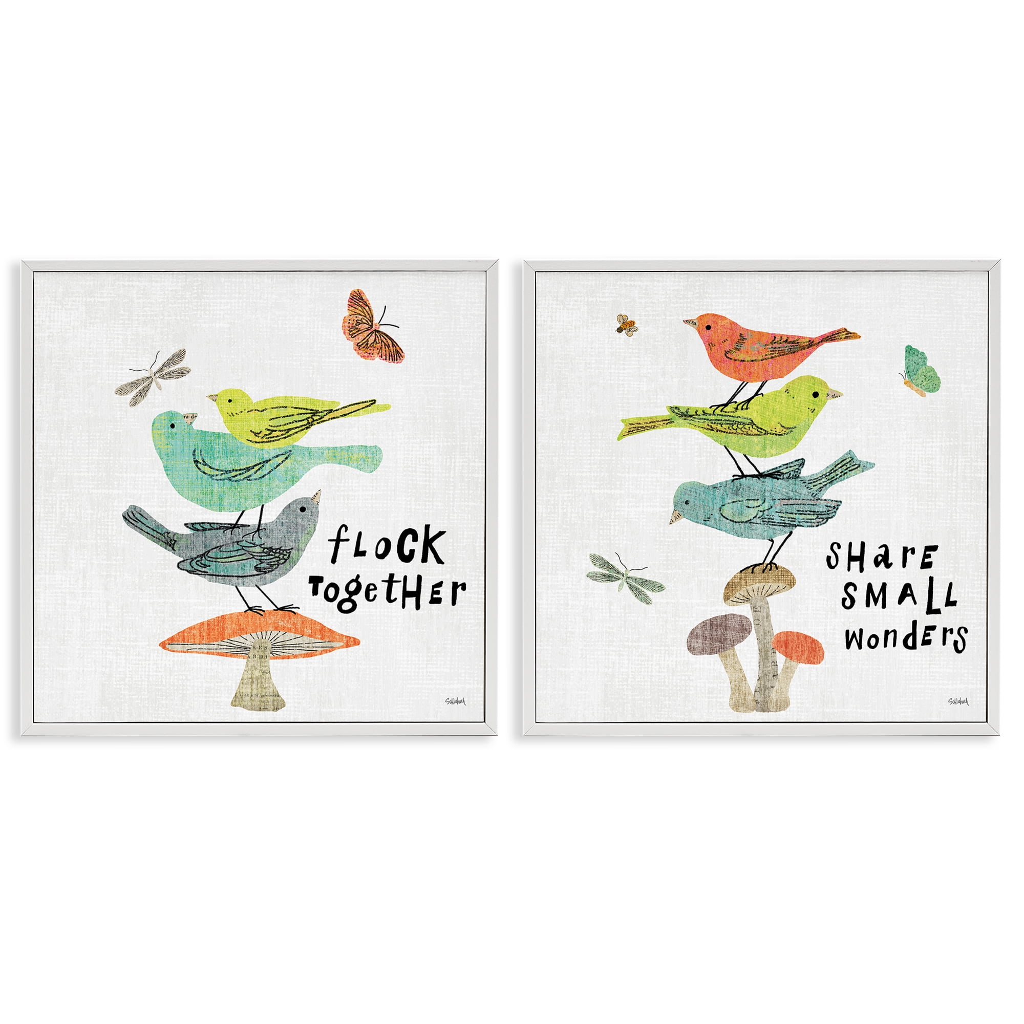 Stupell Industries Flock Together Share Birds Animals Painting White Framed Art Print Wall Art, 17 x 17, Set of 2