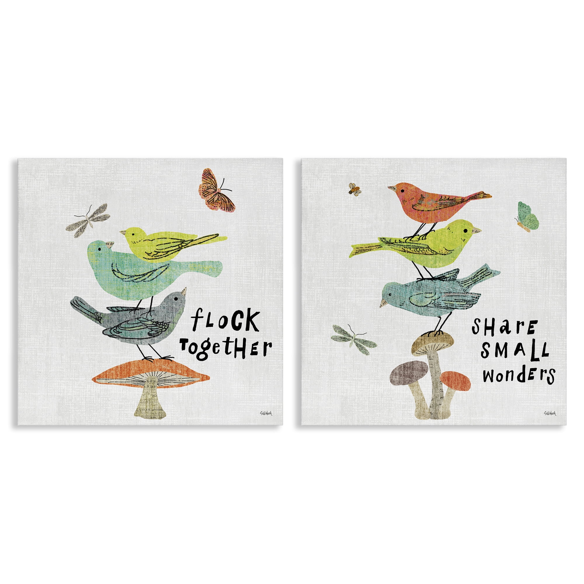 Stupell Industries Flock Together Share Birds Animals Painting Wrapped Canvas Art Print Wall Art, 24 x 24, Set of 2