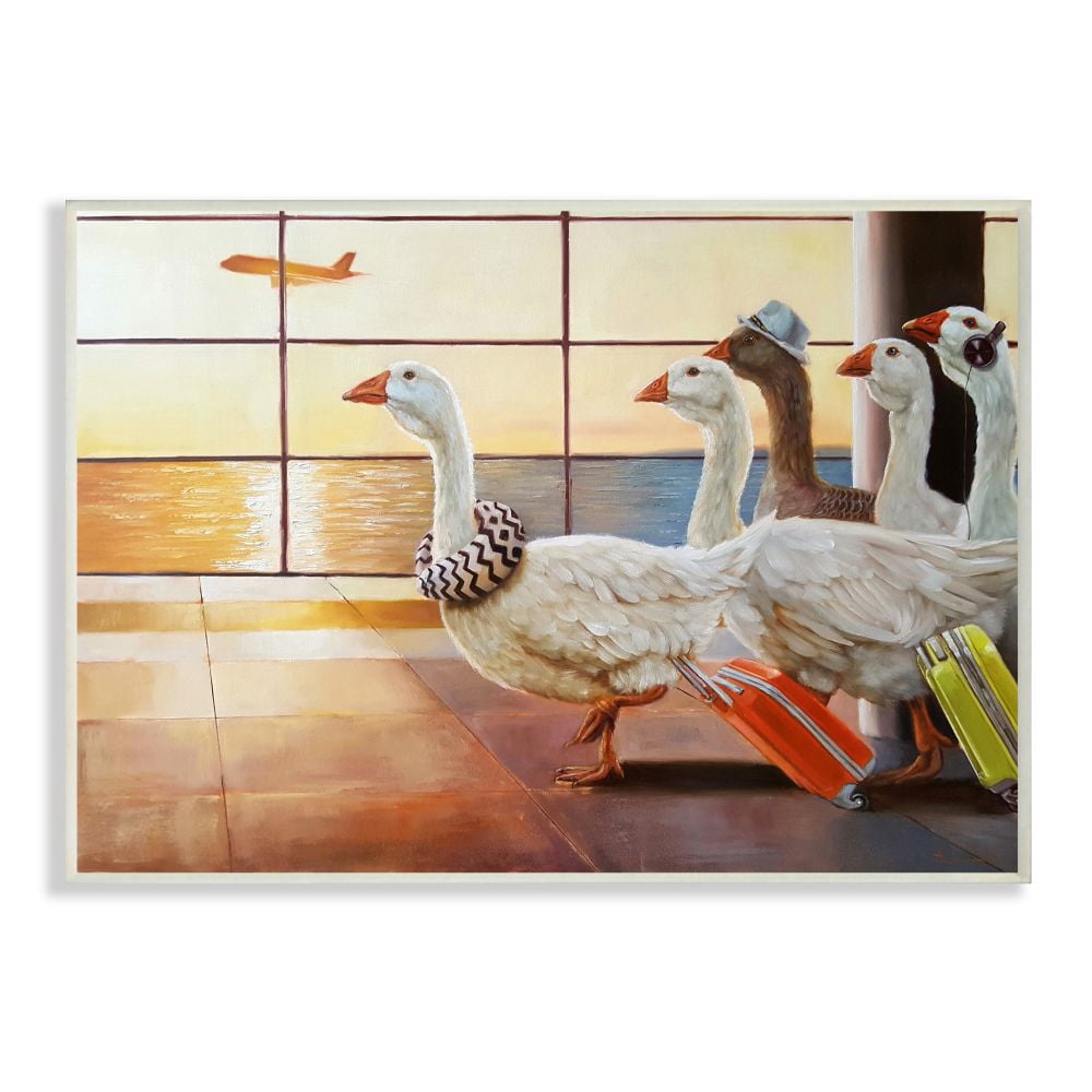 Stupell Industries Flock of Geese Fly at Airport Bird Plane Painting Designed by Lucia Heffernan