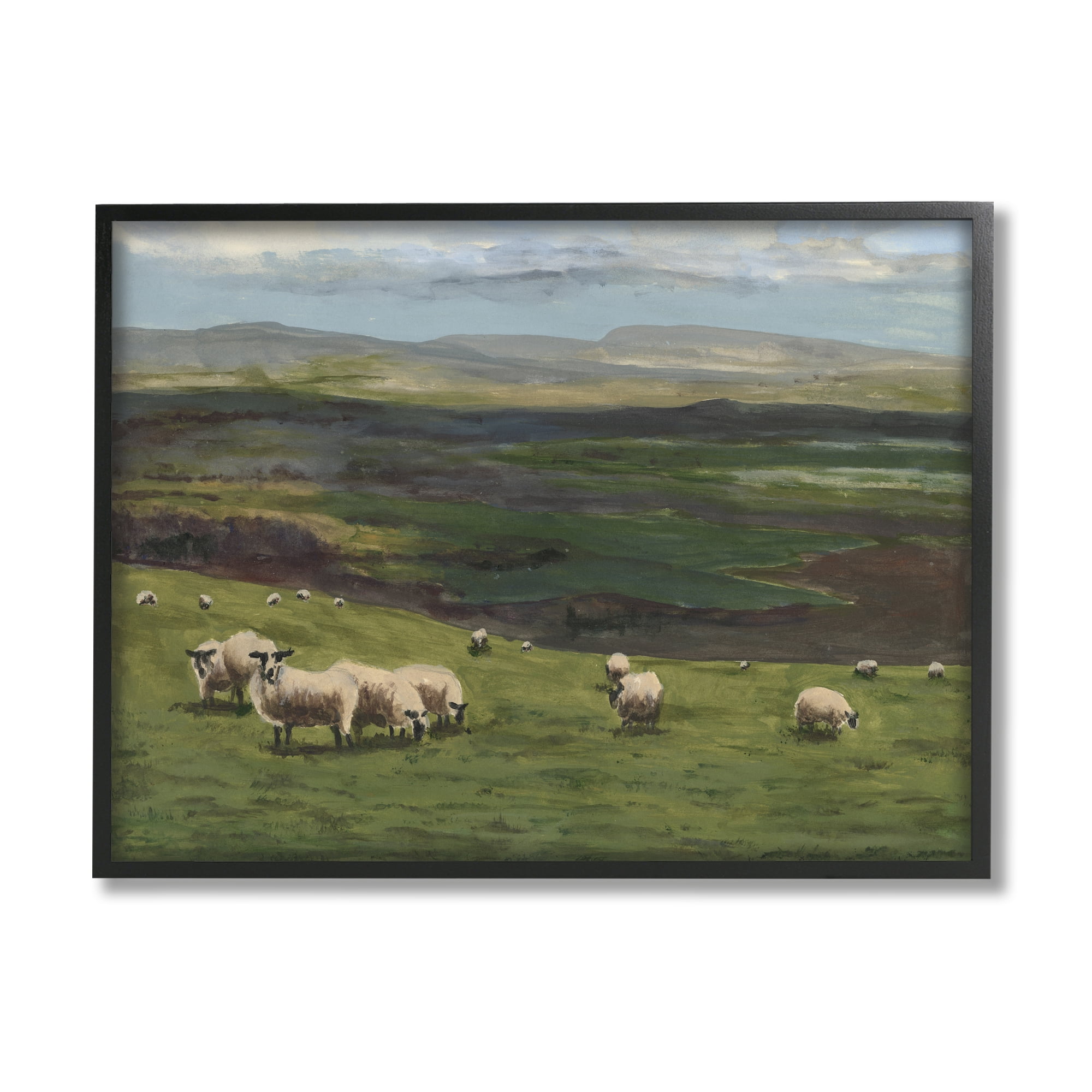Stupell Industries Flock of Sheep Grazing Animals & Insects Painting Black Framed Art Print Wall Art, 14 x 11